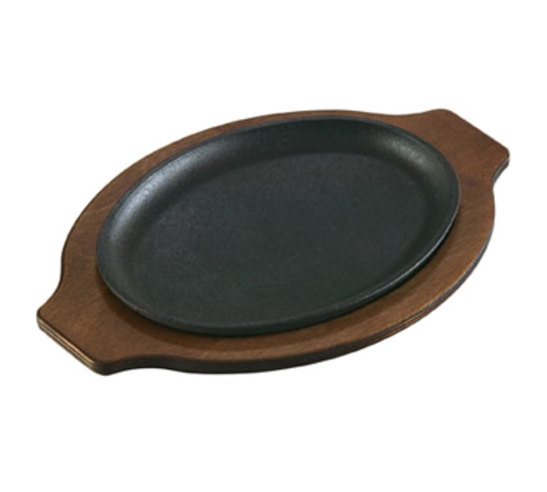 Lodge 10 x 7 1/2 Oval Pre-Seasoned Cast Iron Fajita Skillet with Handle  and Walnut Finish Wood Underliner