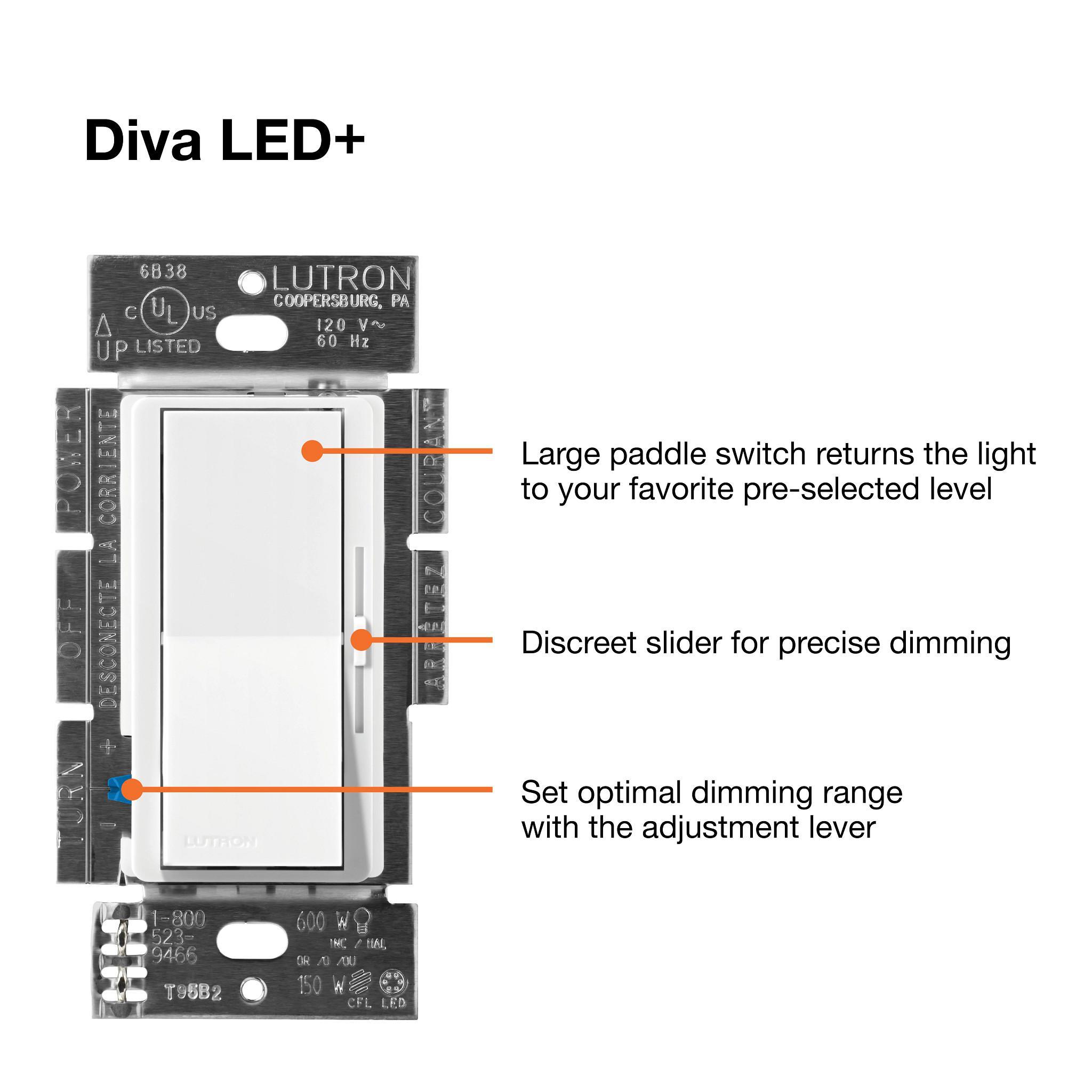 DVCL-153PH-WH LUTRON DIVA CFL/LED 150WATT & INCANDESCENT 600WATT 1P/3W DIMMER
