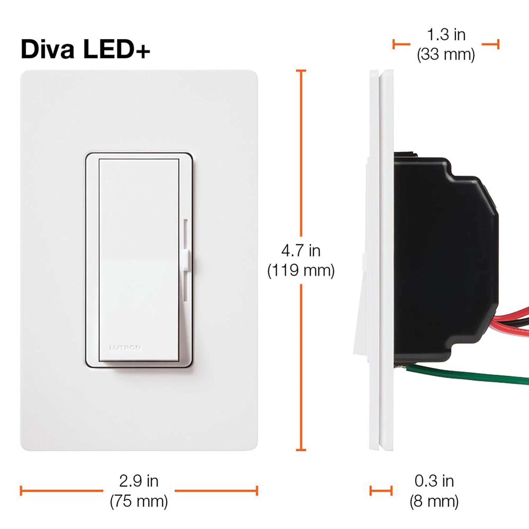 DVCL-153PH-WH LUTRON DIVA CFL/LED 150WATT & INCANDESCENT 600WATT 1P/3W DIMMER