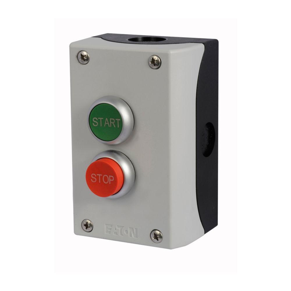 M22-C2-M2V CH ASSEMBLED GREY PUSHBUTTON STATION FLUSH GREEN START 1NO EXTENDED RED STOP 1NC VERTICAL ORIENTATION