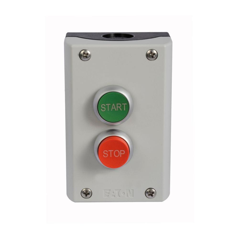 M22-C2-M2V CH ASSEMBLED GREY PUSHBUTTON STATION FLUSH GREEN START 1NO EXTENDED RED STOP 1NC VERTICAL ORIENTATION