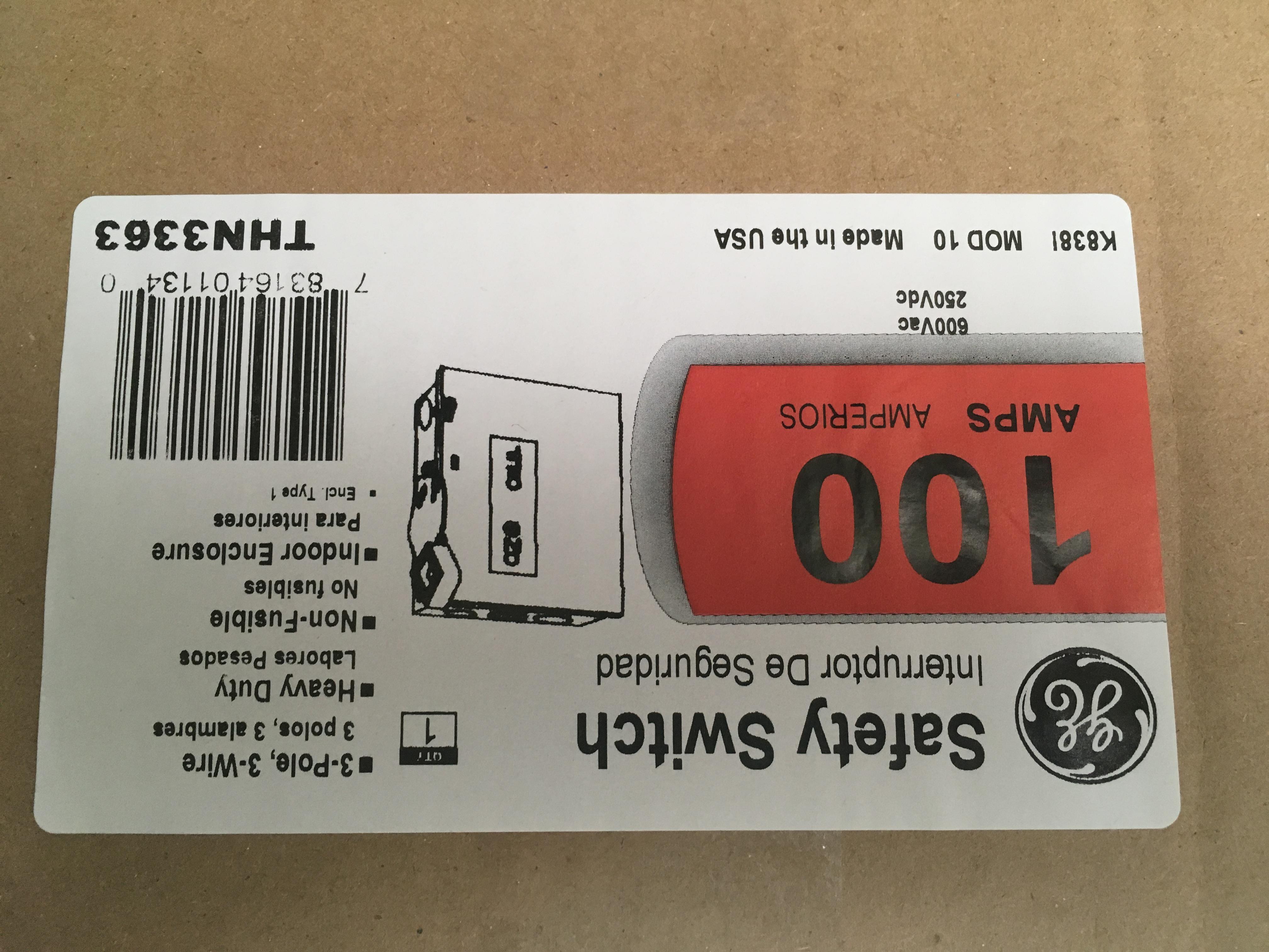 THN3363 GE 100 AMP 3 POLE 600VOLT NEMA1 NON FUSE DISCONNECT