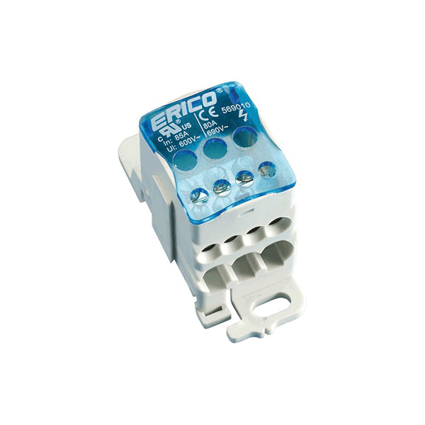 569010 UD80A ERICO DISTRIBUTION BLOCK DIN MOUNT 1POLE GANGABLE 85AMP 600V UL INPUT (1) 16-4AWG OUTPUT (4) 16-8AWG (2) 16-4AWG