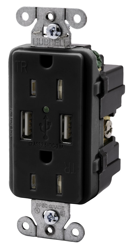 USB15X2BK HUBBELL USB CHRGR 15A 125V DUP, 3A 5V PORT, BK 88377830463
