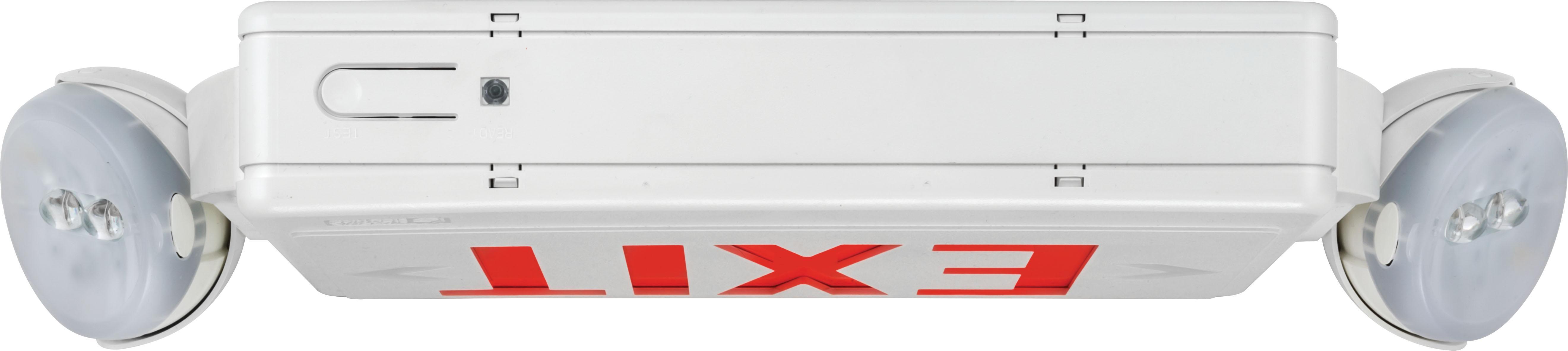 LHQM-LED-R-HO-R0-M6 LITHONIA WHITE THERMOPLASTIC, LED EXIT/ADJUSTABLE LED 2 HEADED UNIT COMBO, SINGLE STENCIL FACE, WITH EXTRA FACE PLATE, RED LETTERS, HIGH OUTPUT NI-CAD BATTERY, LESS HEADS, DAMP LOCATION (CI# 186HUE)