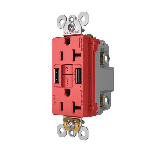 2097TRUSBAARED P&S SELF-TEST GFCI REC TR 20A W/ USB AA RED