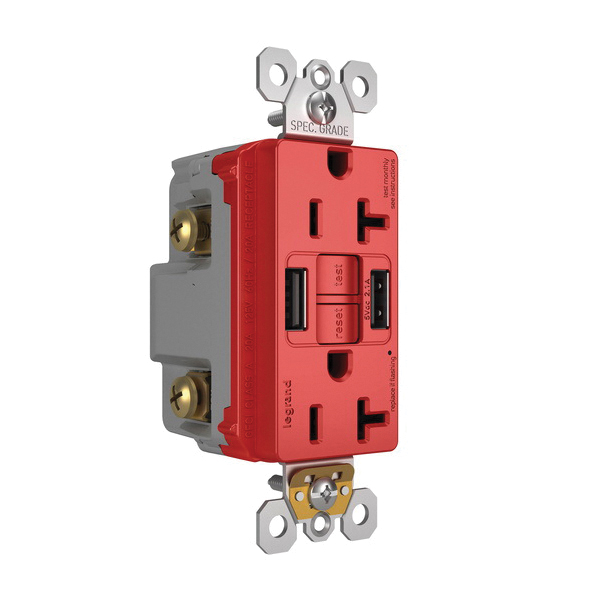 2097TRUSBAARED P&S SELF-TEST GFCI REC TR 20A W/ USB AA RED