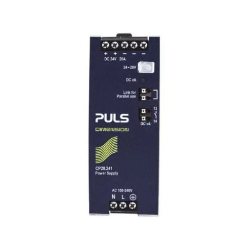 CP20.241 PULS DIMENSION SERIES POWER SUPPLY 24VDC 20AMP 120V 240V 1PHASE INPUT 100-240VAC 50-60HZ SINGLE PHASE OUTPUT 24-28VDC 20-17.1AMP SCREW TERMINAL 20% BOOST W48XH124xD127MM