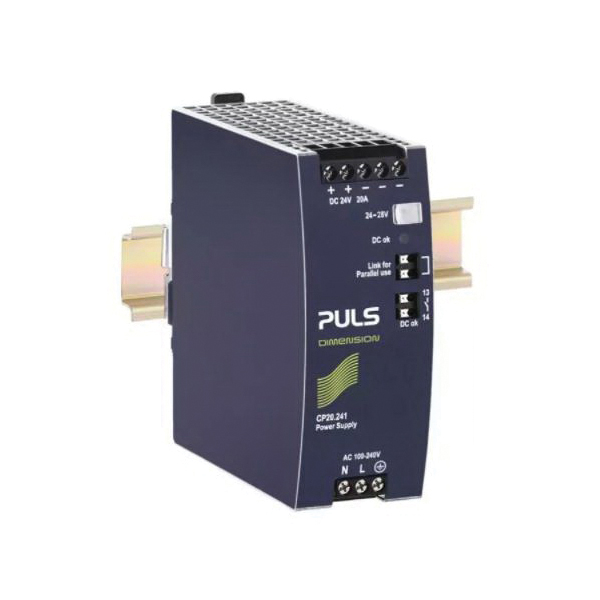 CP20.241 PULS DIMENSION SERIES POWER SUPPLY 24VDC 20AMP 120V 240V 1PHASE INPUT 100-240VAC 50-60HZ SINGLE PHASE OUTPUT 24-28VDC 20-17.1AMP SCREW TERMINAL 20% BOOST W48XH124xD127MM
