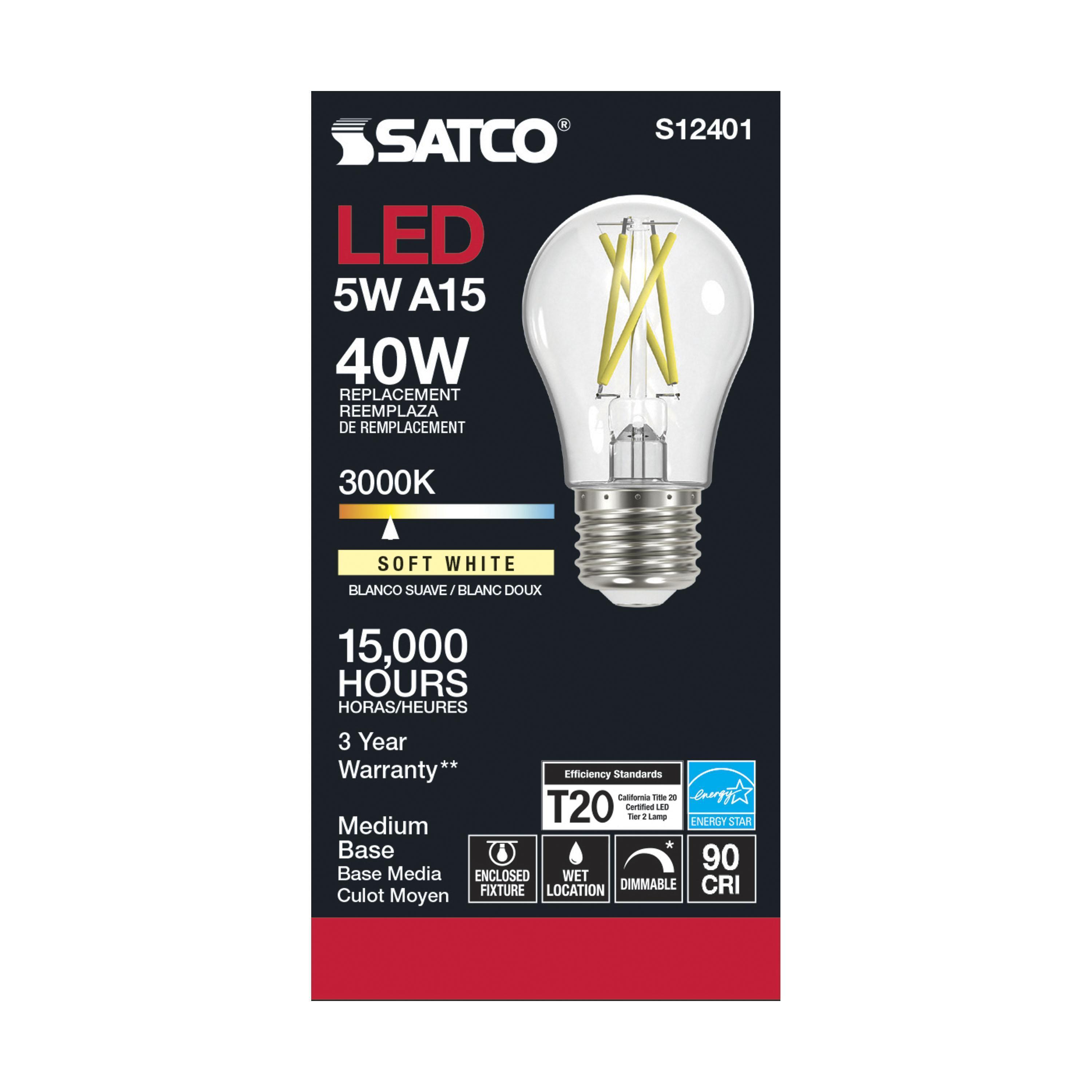 S12401 SATCO 5 WATT LED A15 CLEAR MEDIUM BASE 3000K 90 CRI 120 VOLT