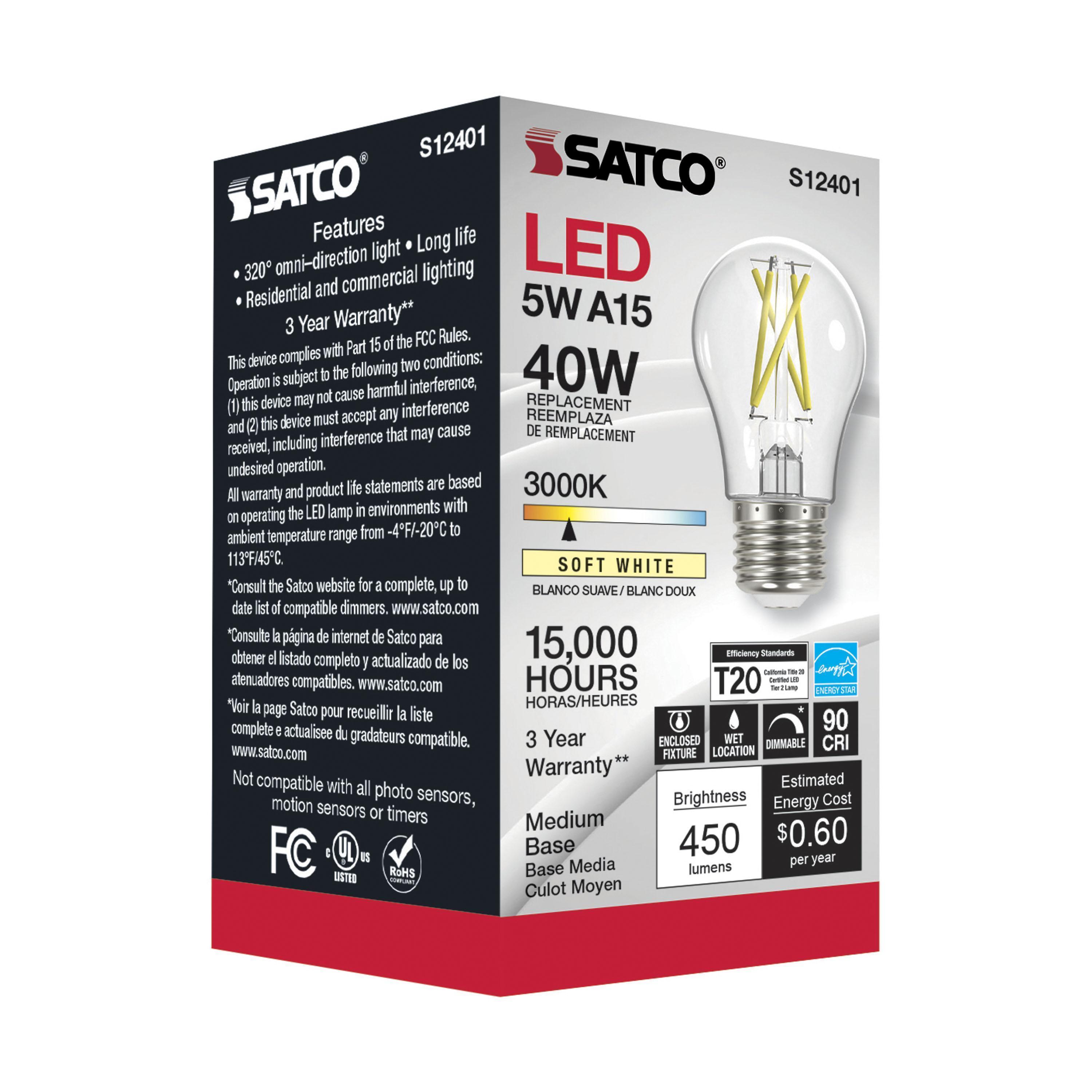 S12401 SATCO 5 WATT LED A15 CLEAR MEDIUM BASE 3000K 90 CRI 120 VOLT