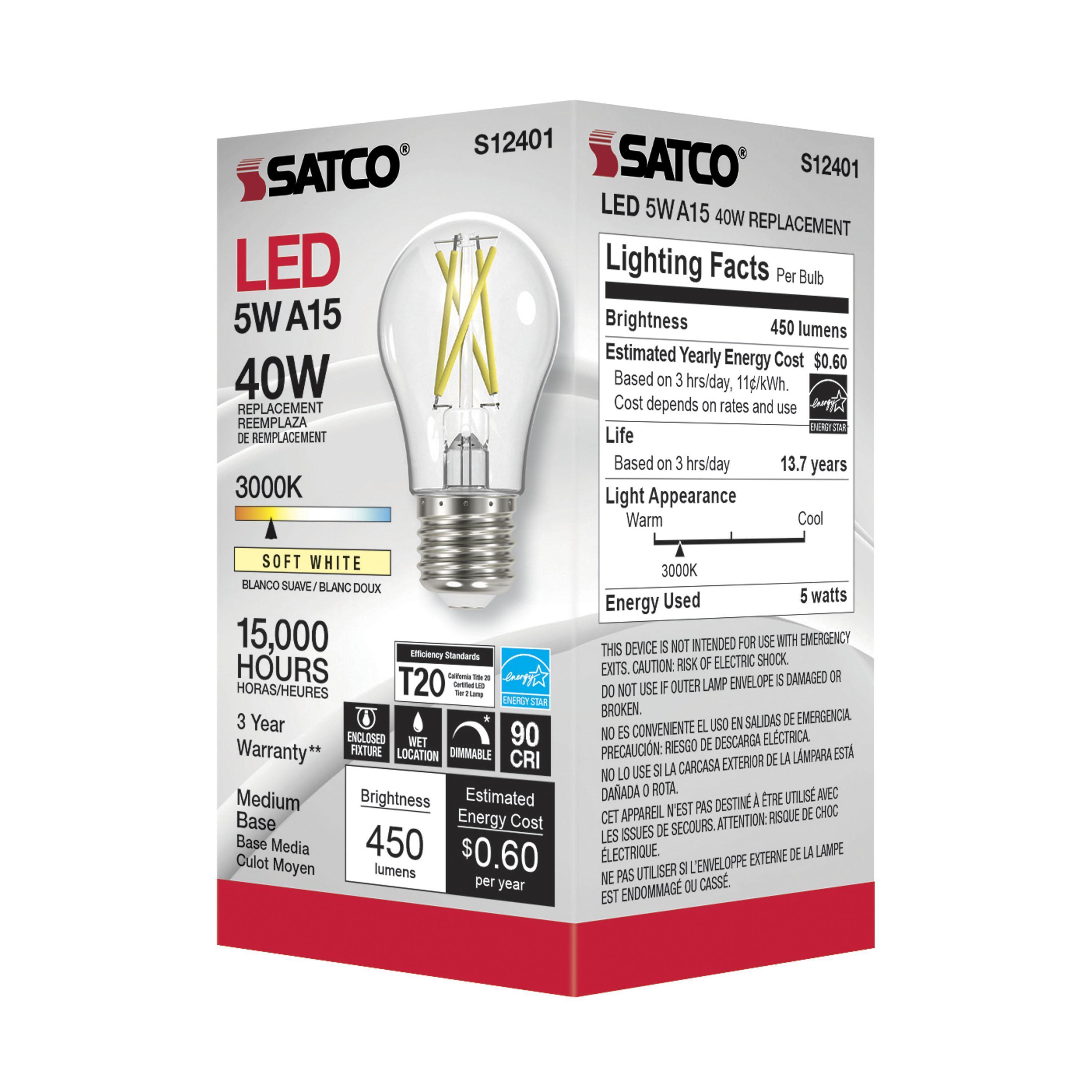 S12401 SATCO 5 WATT LED A15 CLEAR MEDIUM BASE 3000K 90 CRI 120 VOLT