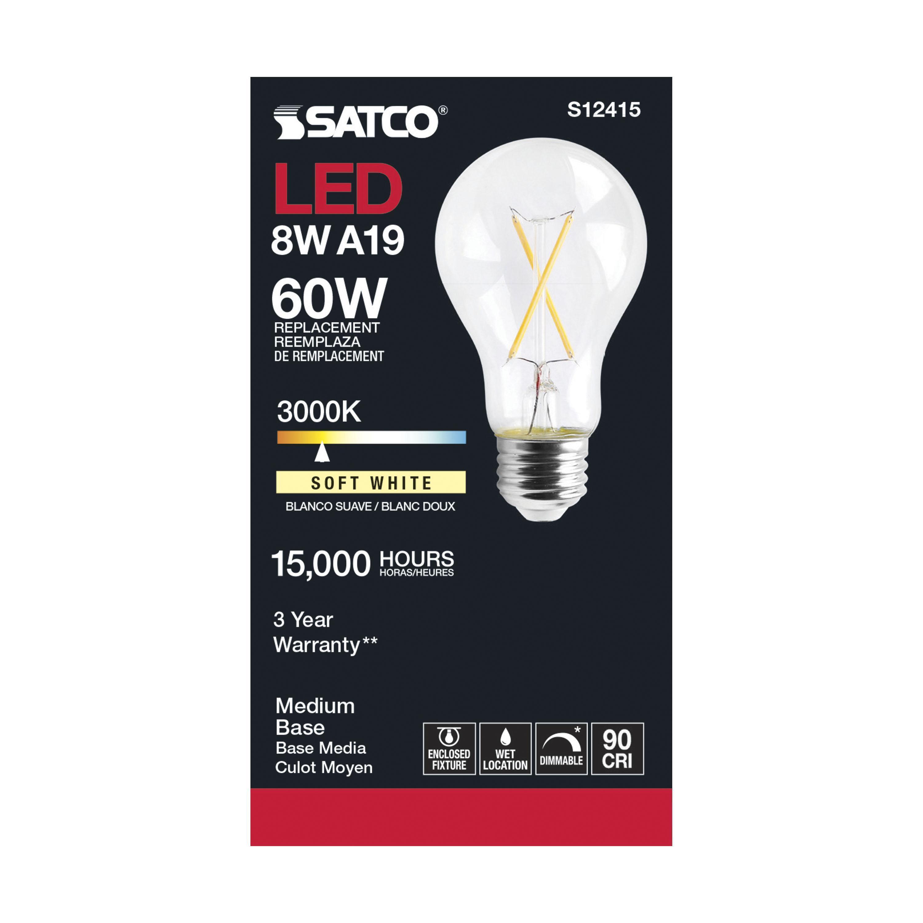 S12415 SATCO 8 WATT LED A19 CLEAR MEDIUM BASE 3000K 90 CRI 120 VOLT