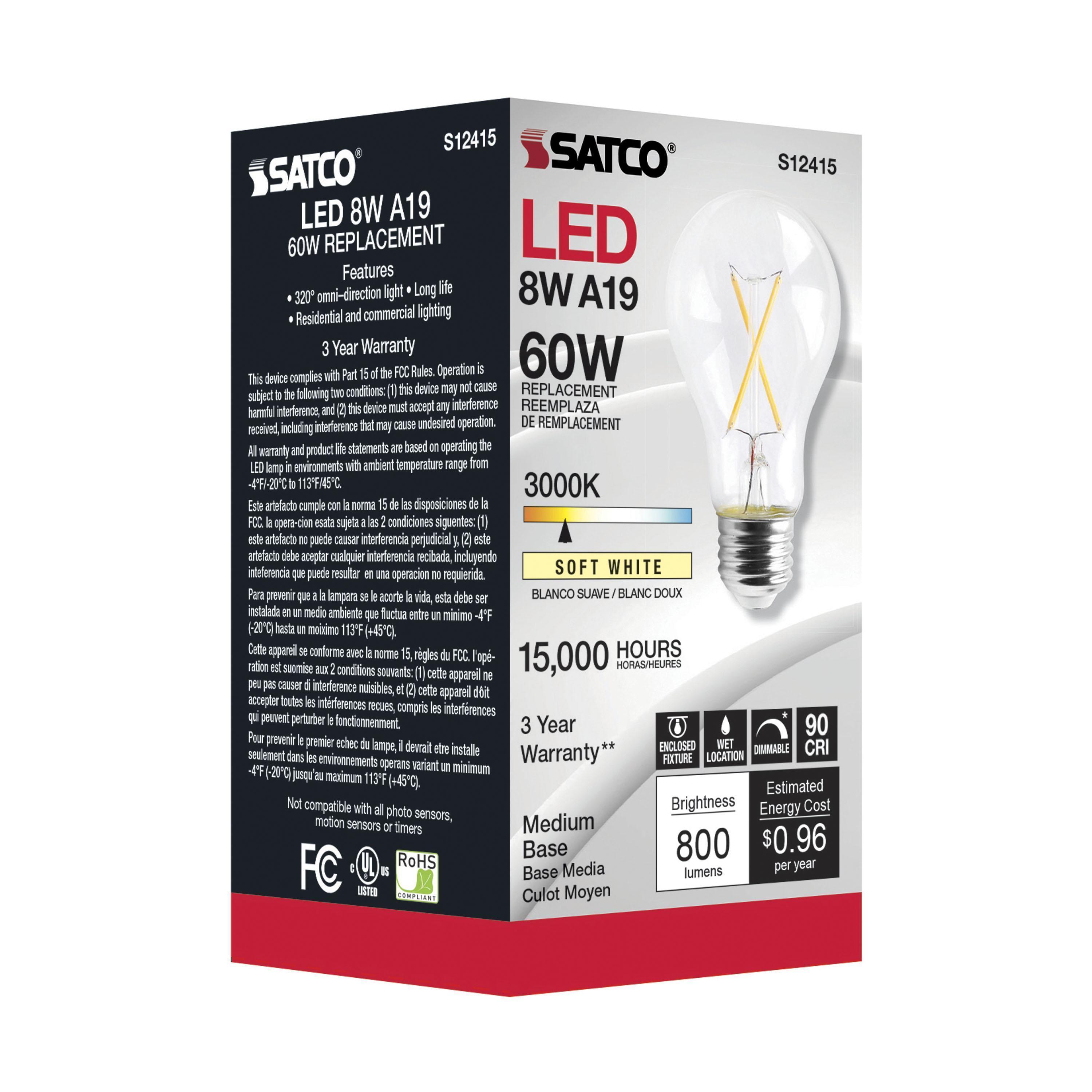 S12415 SATCO 8 WATT LED A19 CLEAR MEDIUM BASE 3000K 90 CRI 120 VOLT