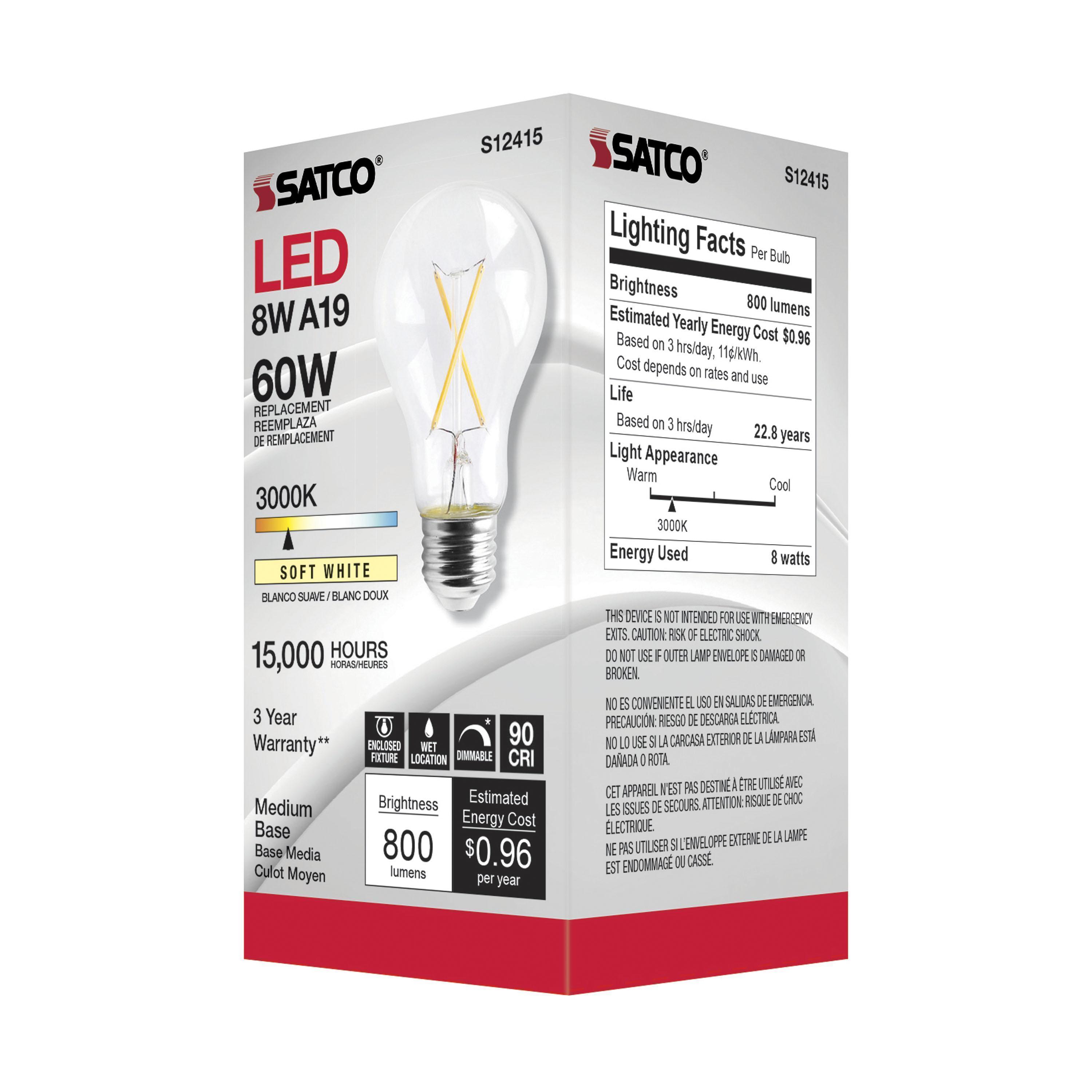 S12415 SATCO 8 WATT LED A19 CLEAR MEDIUM BASE 3000K 90 CRI 120 VOLT