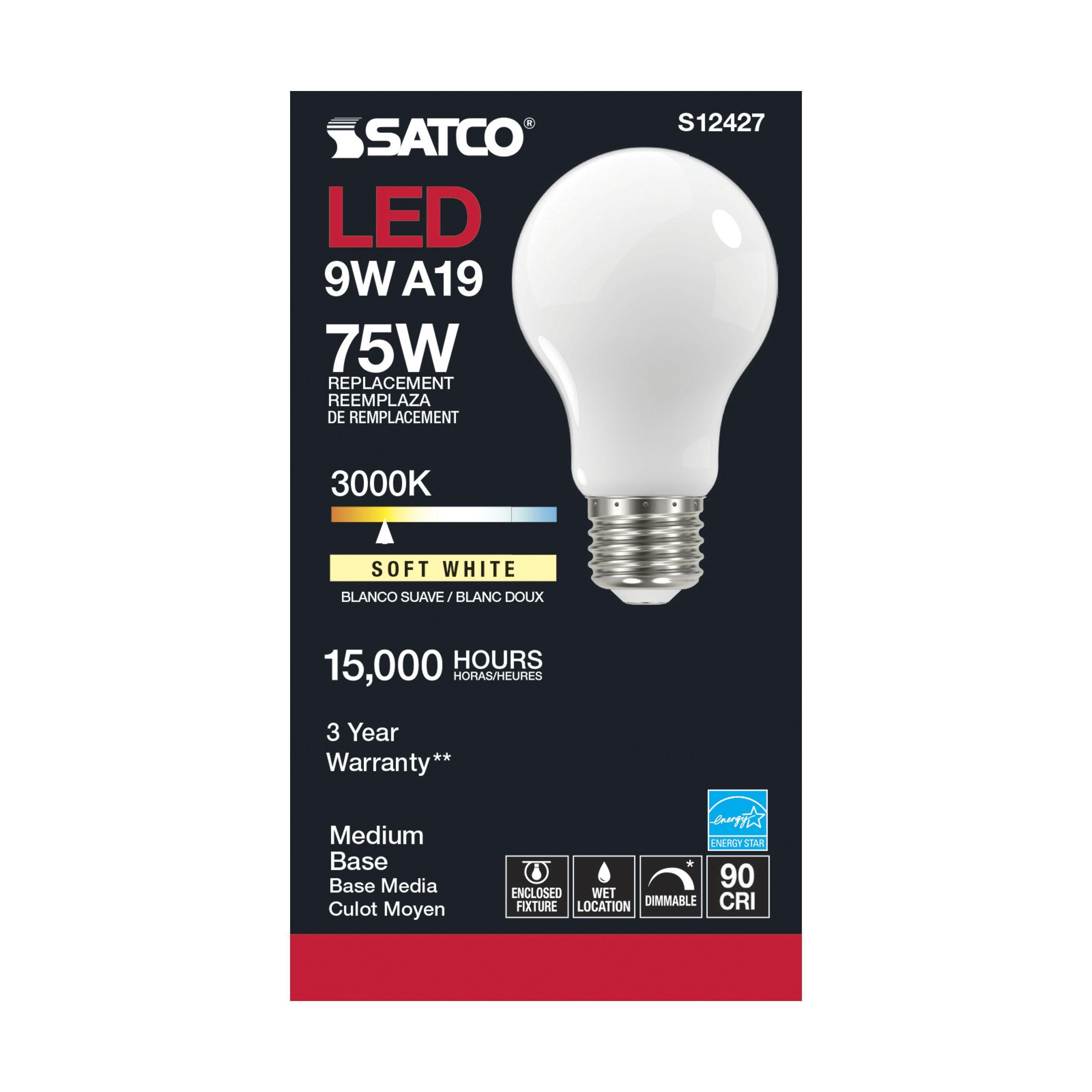 S12427 SATCO 11 WATT LED A19 SOFT WHITE MEDIUM BASE 3000K 90 CRI 120 VOLT