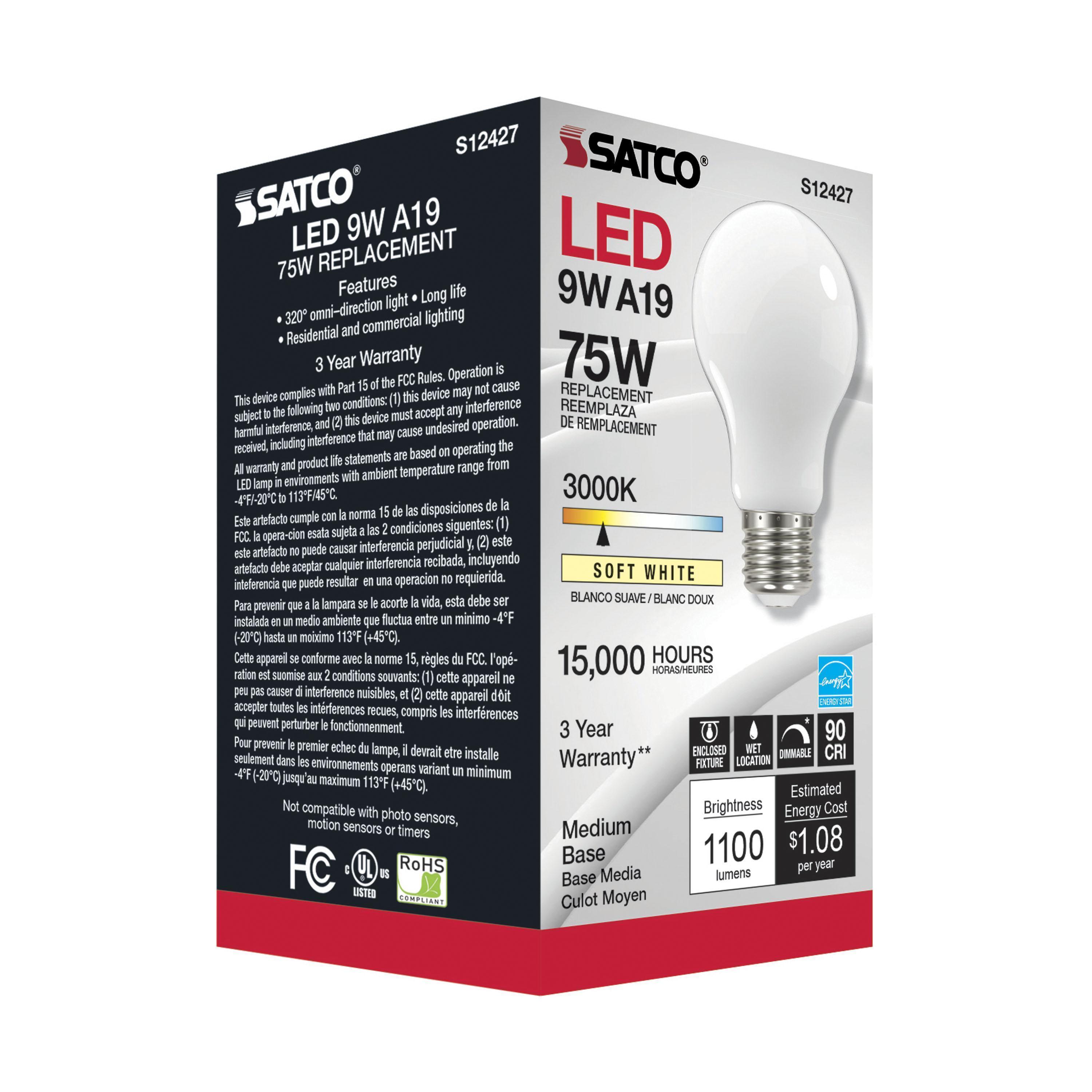 S12427 SATCO 11 WATT LED A19 SOFT WHITE MEDIUM BASE 3000K 90 CRI 120 VOLT