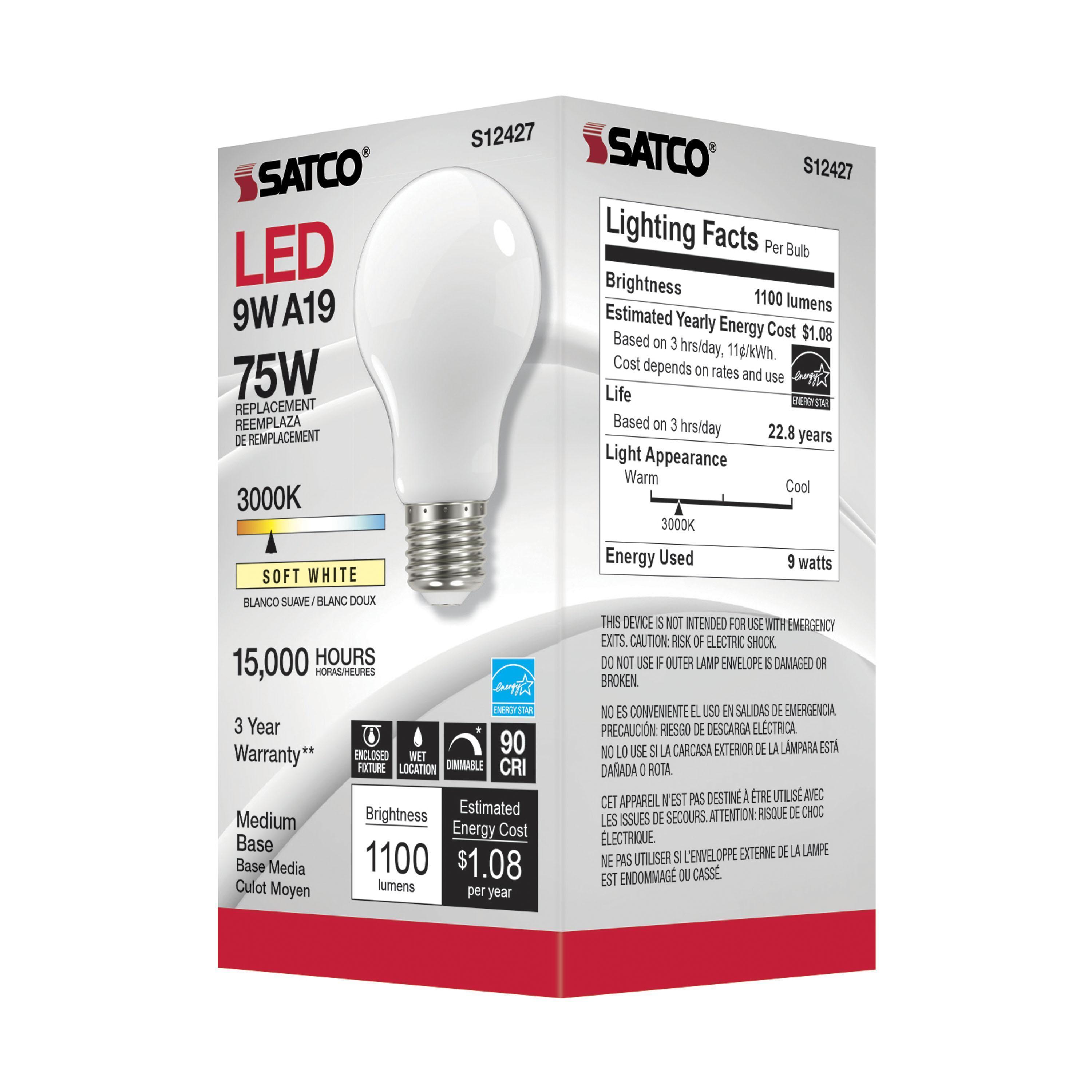 S12427 SATCO 11 WATT LED A19 SOFT WHITE MEDIUM BASE 3000K 90 CRI 120 VOLT