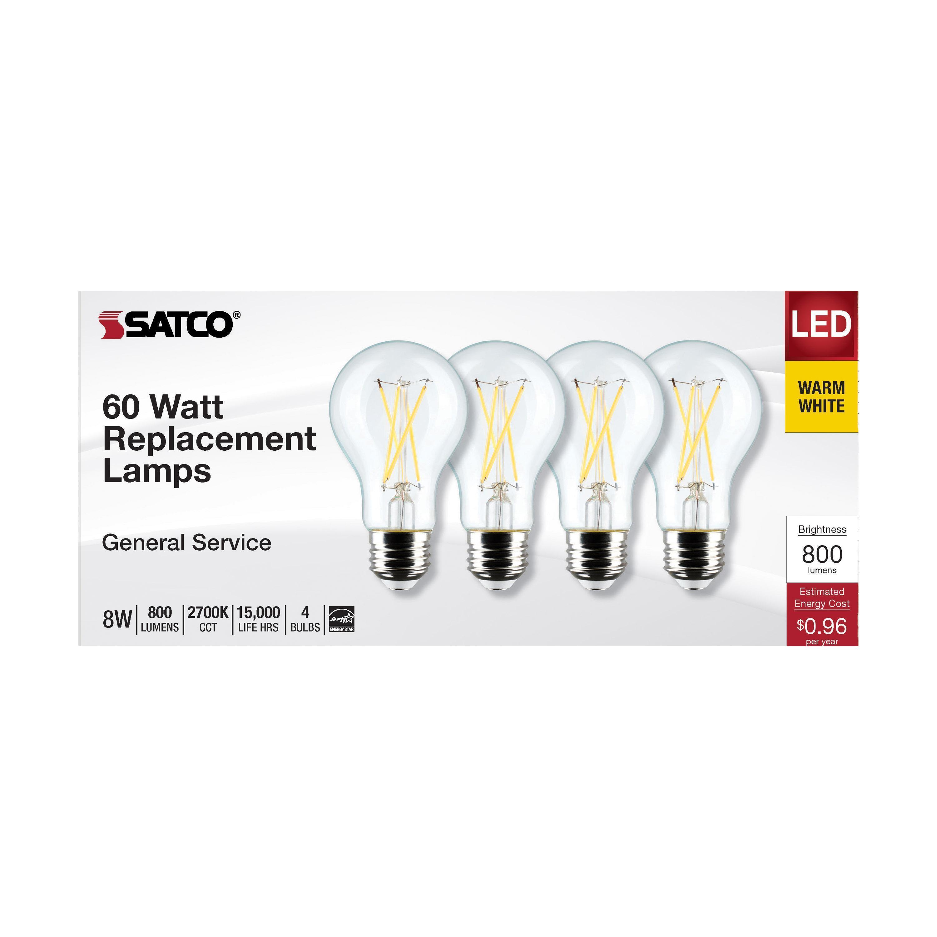 S12462 SATCO 8 WATT A19 LED CLEAR 2700K MEDIUM BASE 120 VOLT 4-PACK
