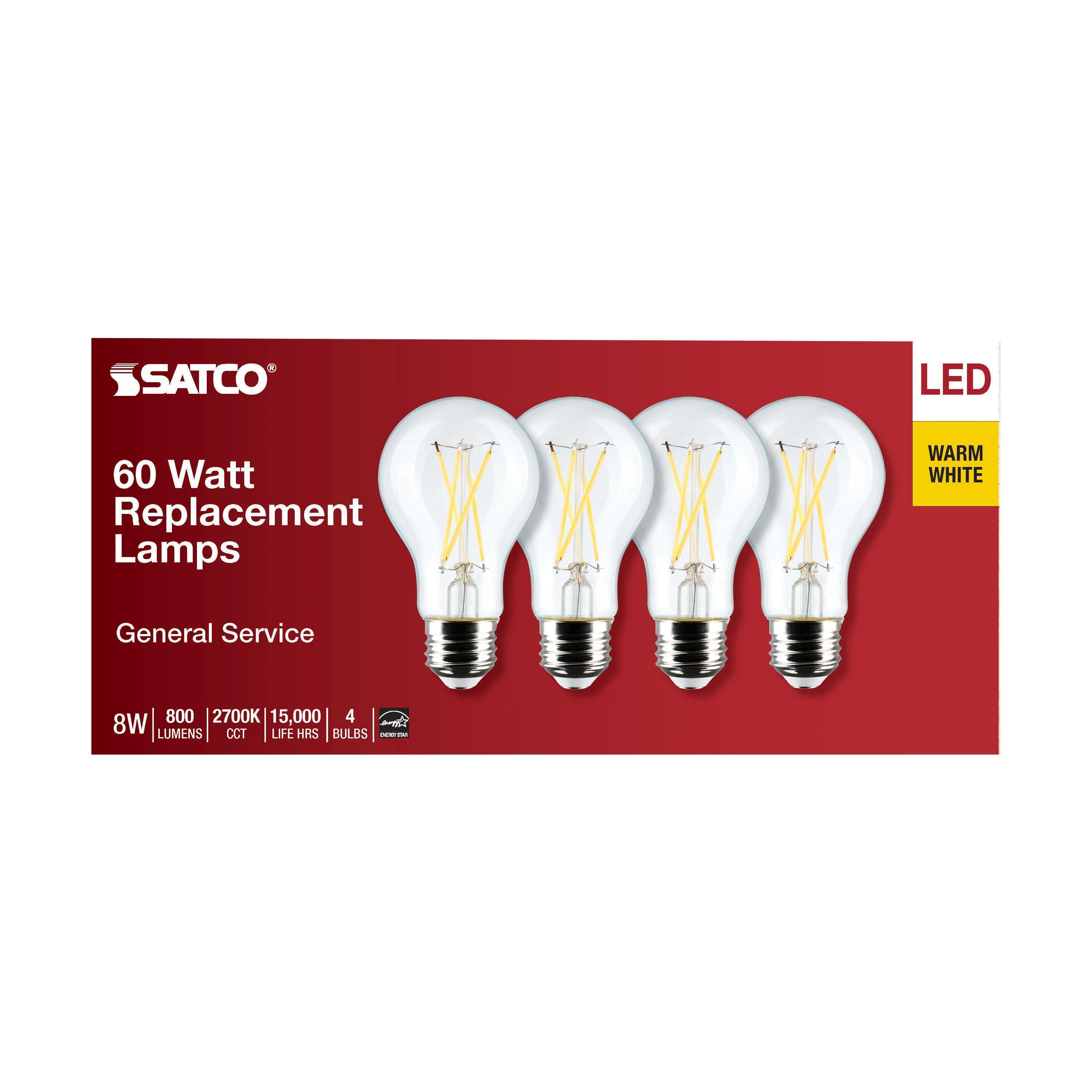 S12462 SATCO 8 WATT A19 LED CLEAR 2700K MEDIUM BASE 120 VOLT 4-PACK