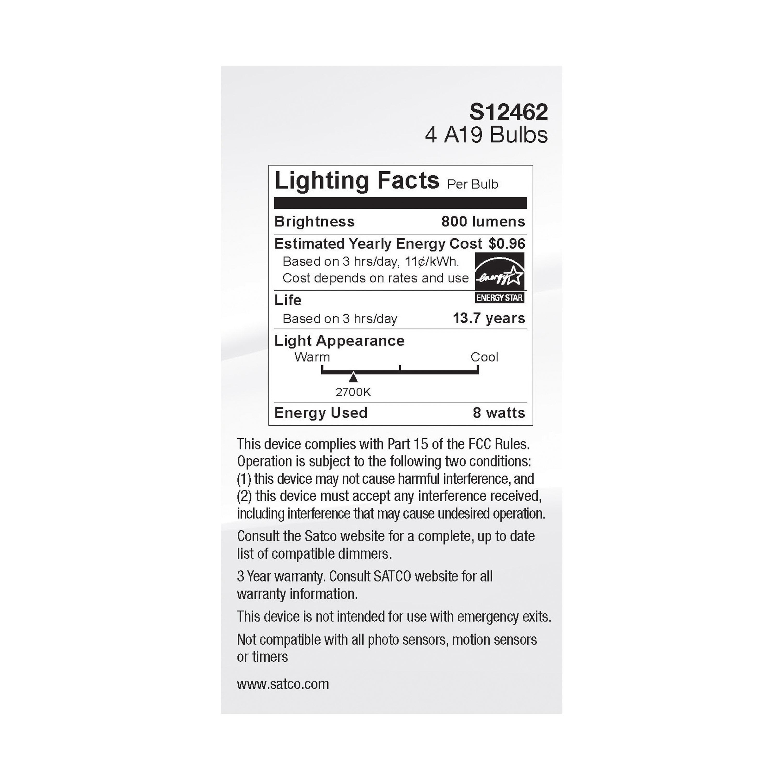 S12462 SATCO 8 WATT A19 LED CLEAR 2700K MEDIUM BASE 120 VOLT 4-PACK