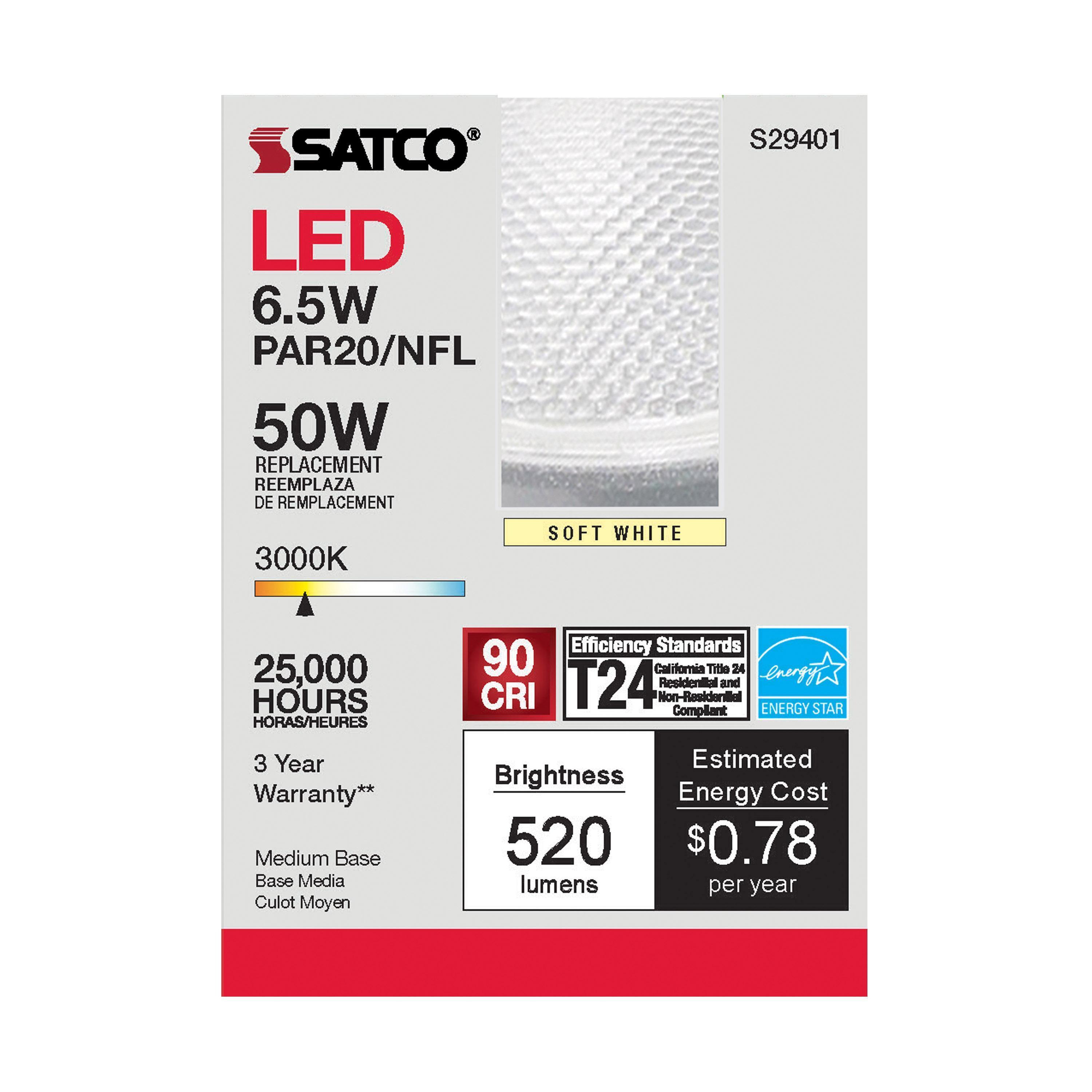 S29401 SATCO 6.5 WATT; PAR20 LED; 3000K; 25 DEG. BEAM ANGLE; MEDIUM BASE; 120 VOLT