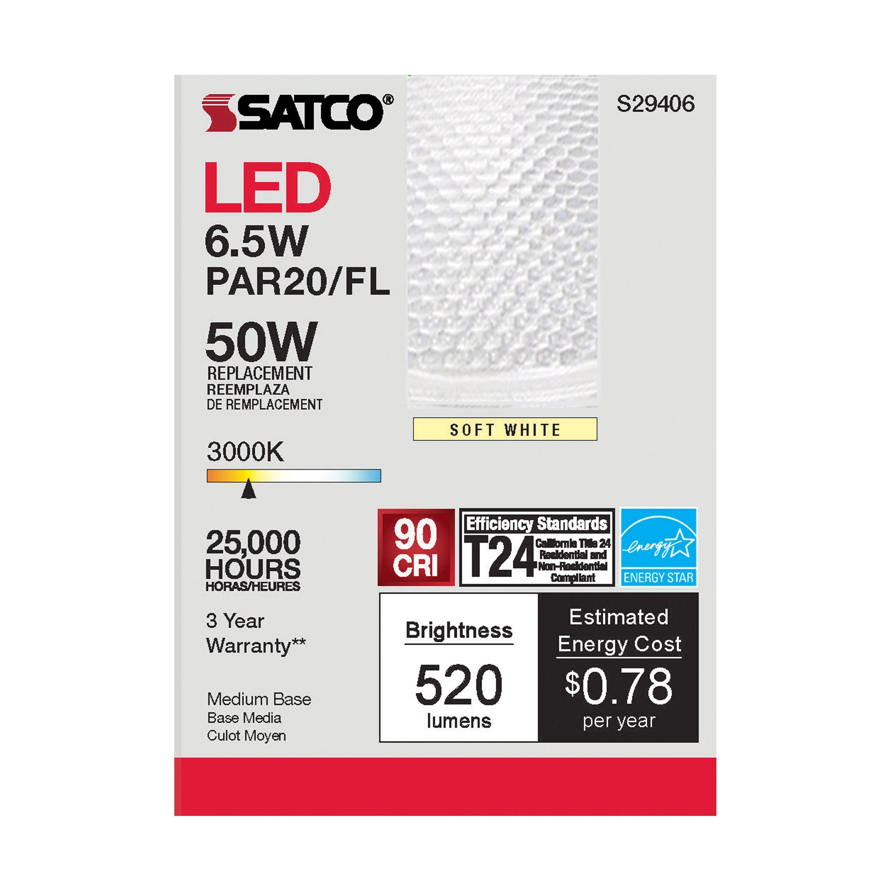 S29406 SATCO 6.5 WATT; PAR20 LED; 3000K; 40 DEG. BEAM ANGLE; MEDIUM BASE; 120 VOLT