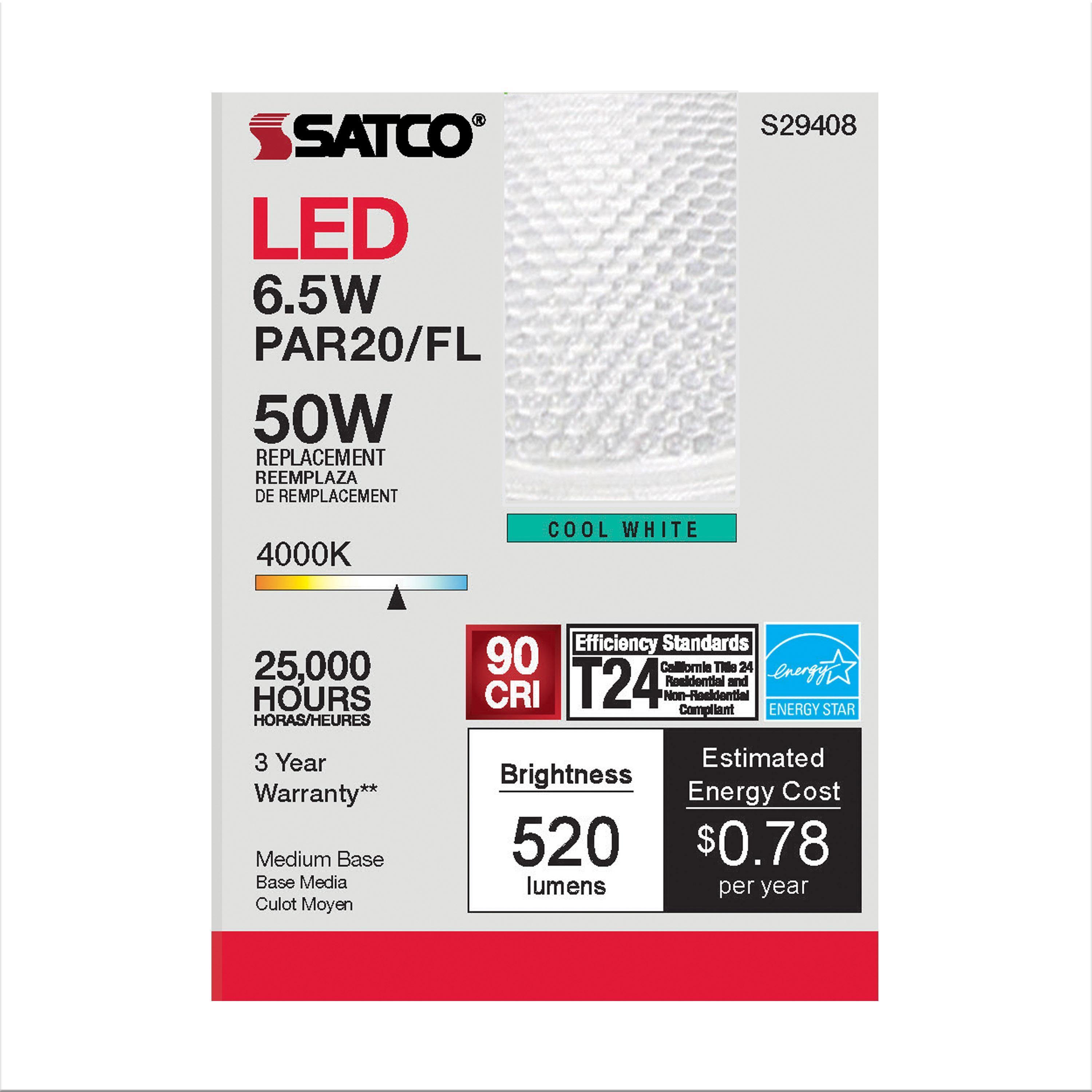 S29408 SATCO 6.5 WATT PAR20 LED 4000K 40 DEG. BEAM ANGLE MEDIUM BASE 120 VOLT