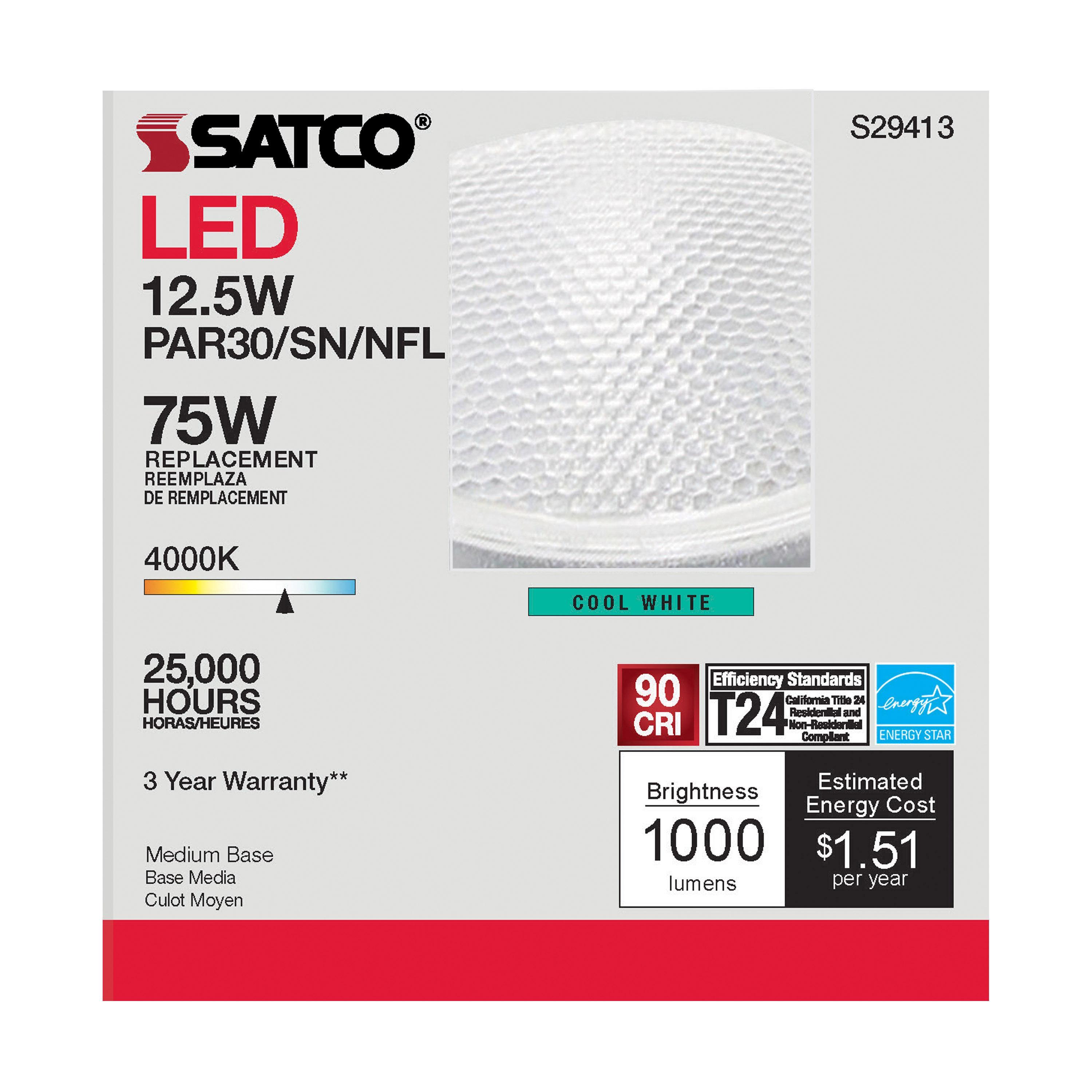 S29413 SATCO 12.5 WATT; PAR30SN LED; 4000K; 25 DEG. BEAM ANGLE; MEDIUM BASE; 120 VOLT