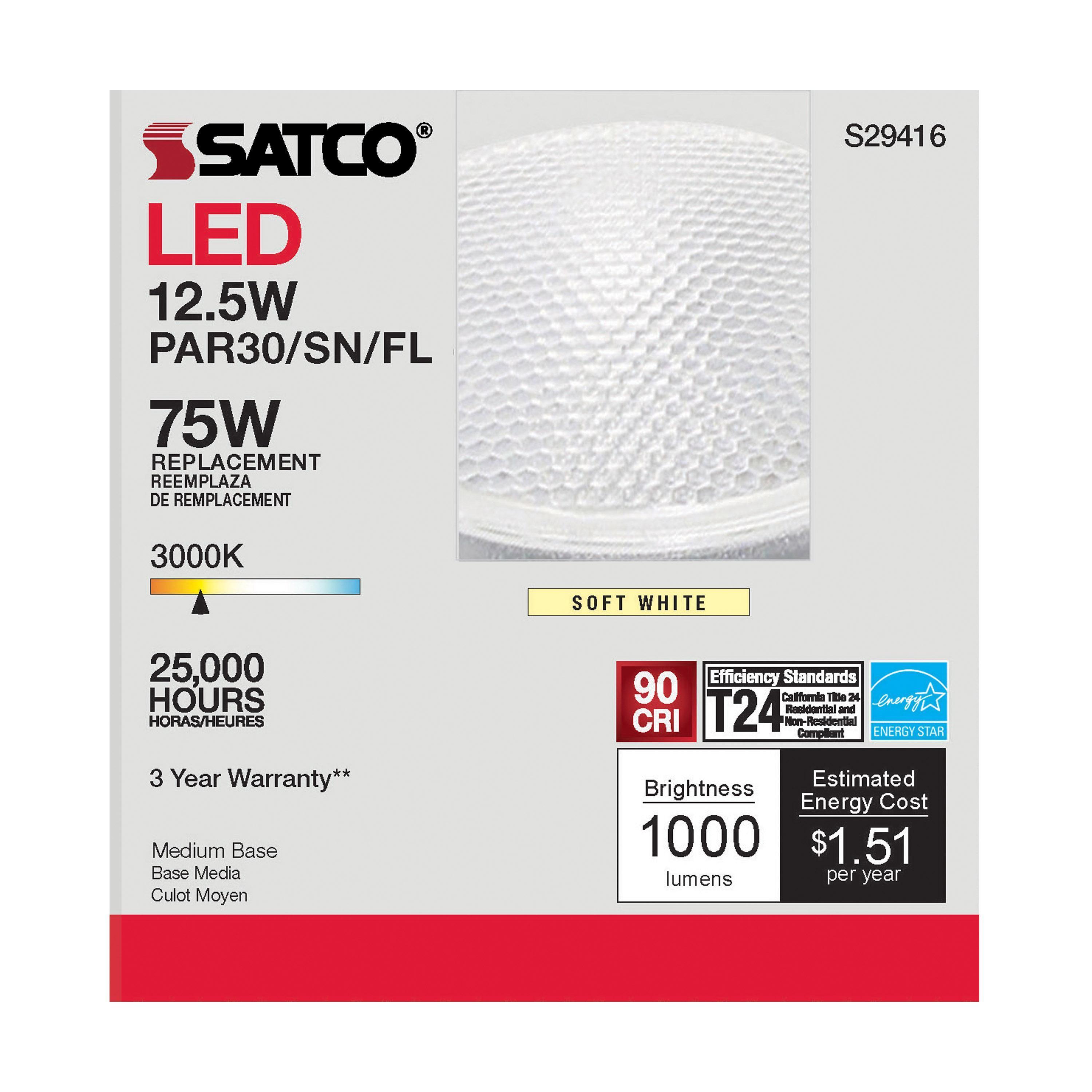 S29416 SATCO 12.5 WATT; PAR30SN LED; 3000K; 40 DEG. BEAM ANGLE; MEDIUM BASE; 120 VOLT LED; 3000K; 40 DEG. BEAM ANGLE; MEDIUM BASE; 120 VOLT
