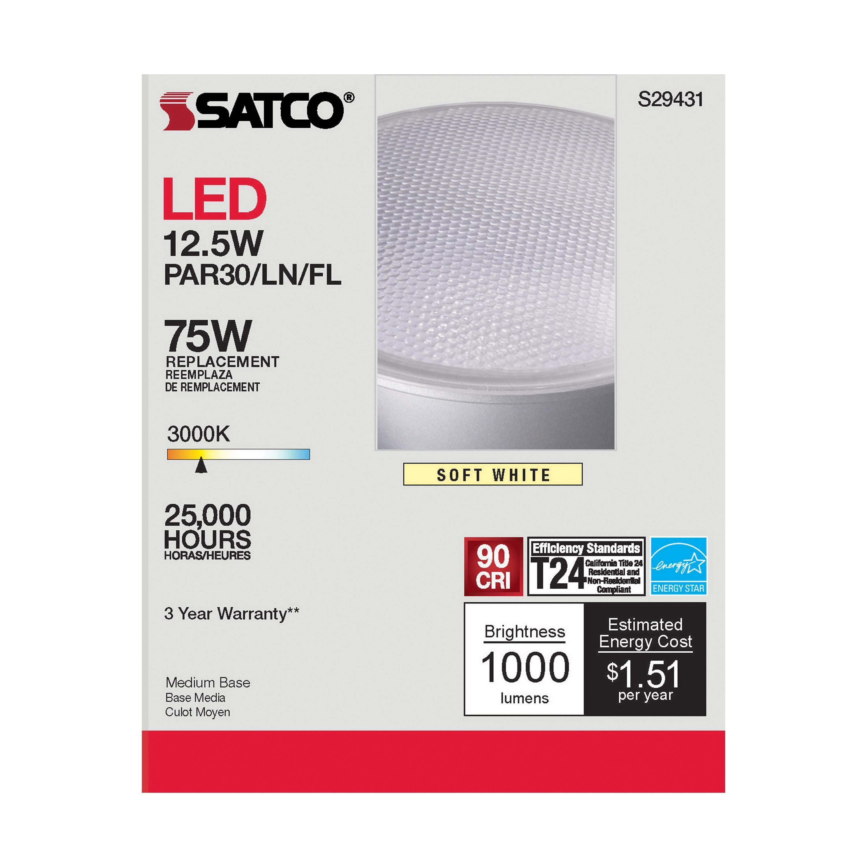 S29431 SATCO 12.5 WATT; PAR30LN LED; 3000K; 40 DEG. BEAM ANGLE; MEDIUM BASE; 120 VOLT0