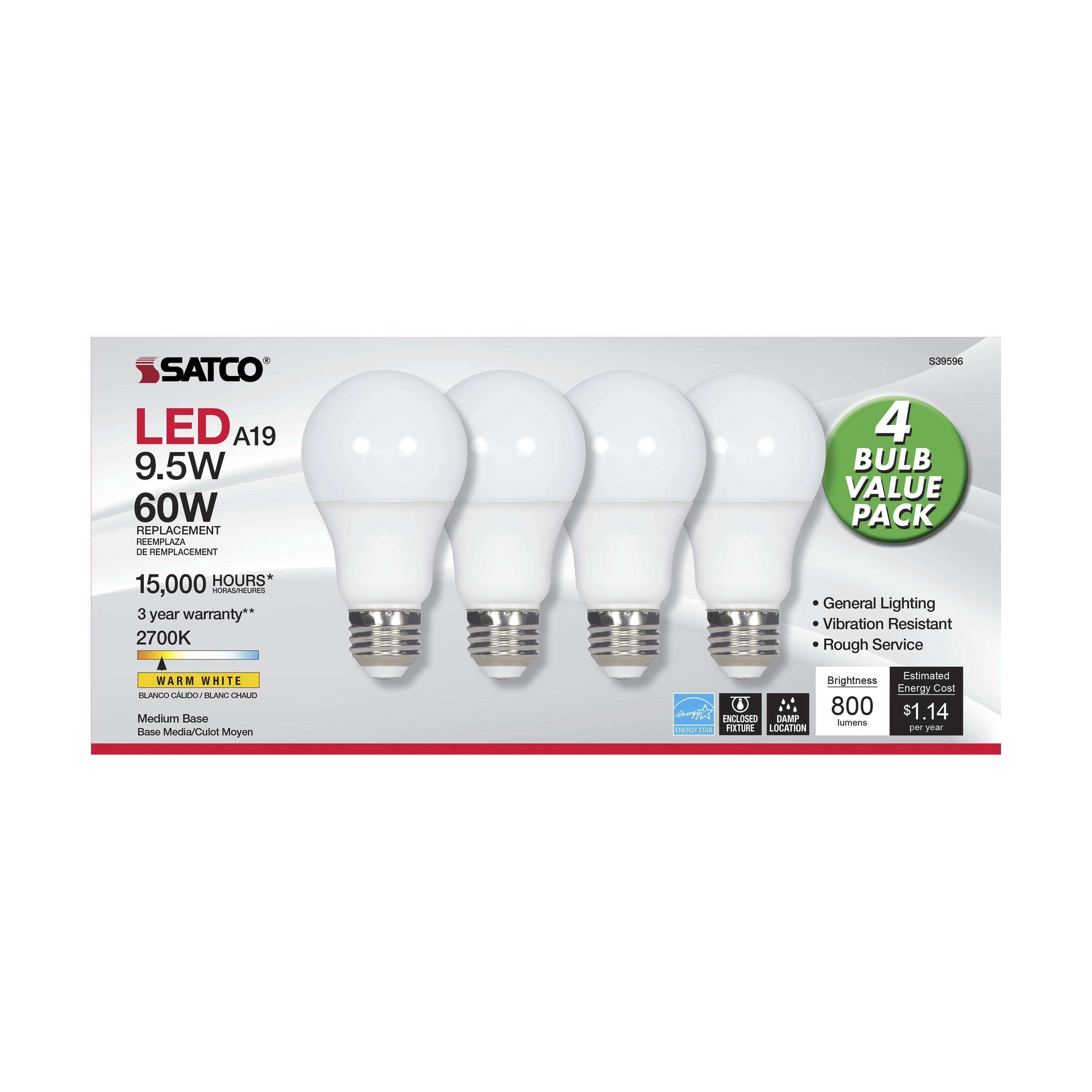 S39596 SATCO 9.5 WATT A19 LED FROSTED 2700K MEDIUM BASE 220 DEG. BEAM ANGLE 120 VOLT NON-DIMMABLE 4-PACK