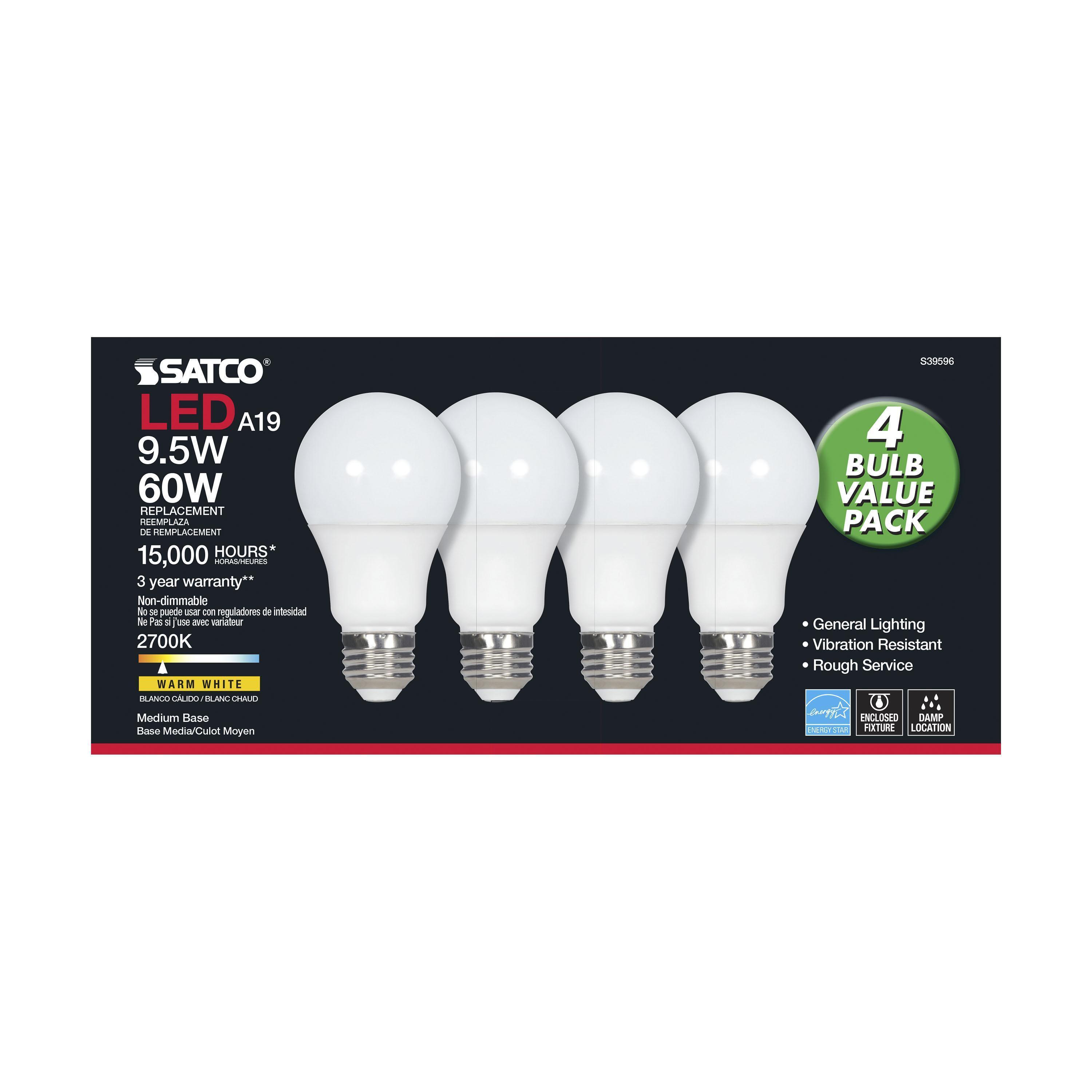 S39596 SATCO 9.5 WATT A19 LED FROSTED 2700K MEDIUM BASE 220 DEG. BEAM ANGLE 120 VOLT NON-DIMMABLE 4-PACK