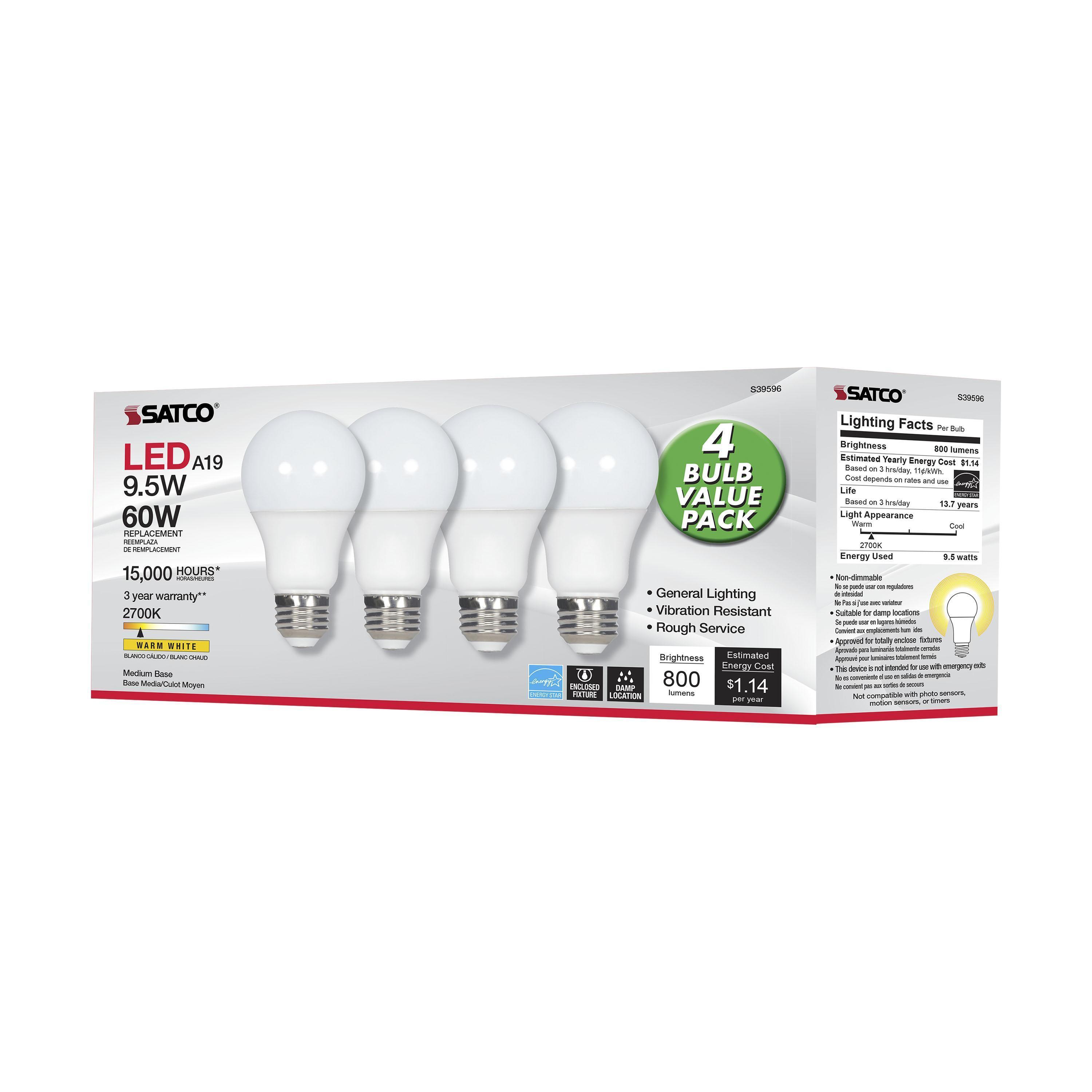 S39596 SATCO 9.5 WATT A19 LED FROSTED 2700K MEDIUM BASE 220 DEG. BEAM ANGLE 120 VOLT NON-DIMMABLE 4-PACK