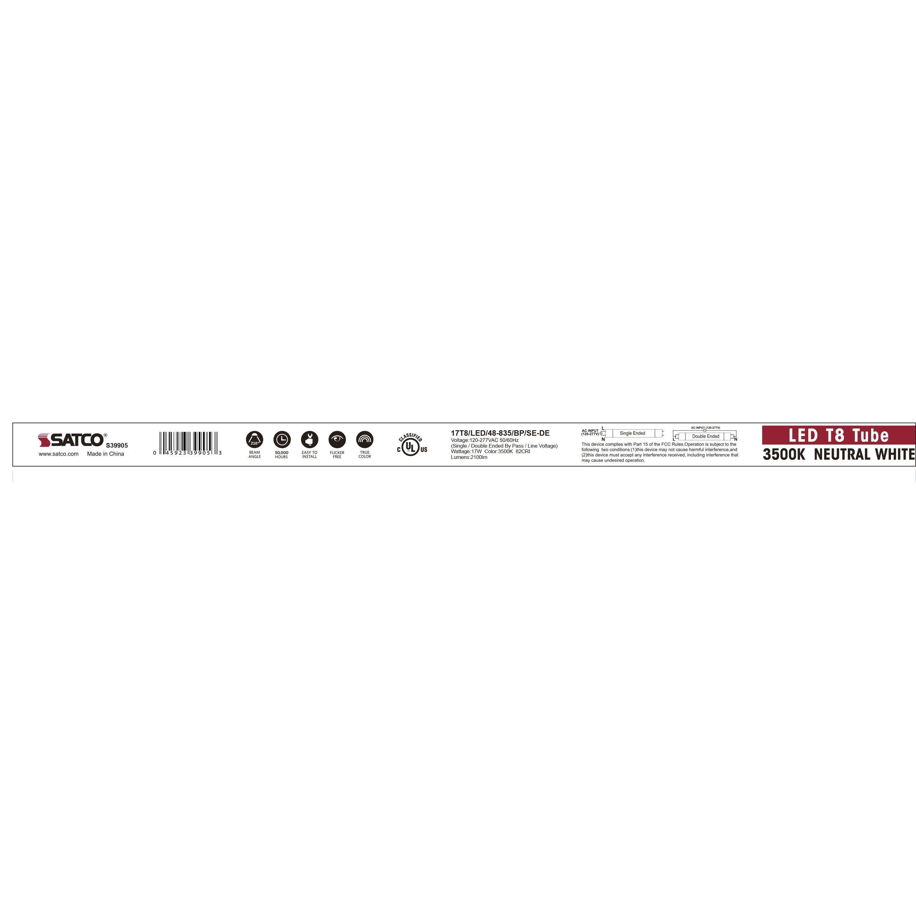 S39905 SATCO 17 WATT T8 LED 4FT 3500K MEDIUM BI PIN BASE 50000 AVERAGE RATED HOURS 2100 LUMENS TYPE B BALLAST BYPASS SINGLE OR DOUBLE ENDED WIRING