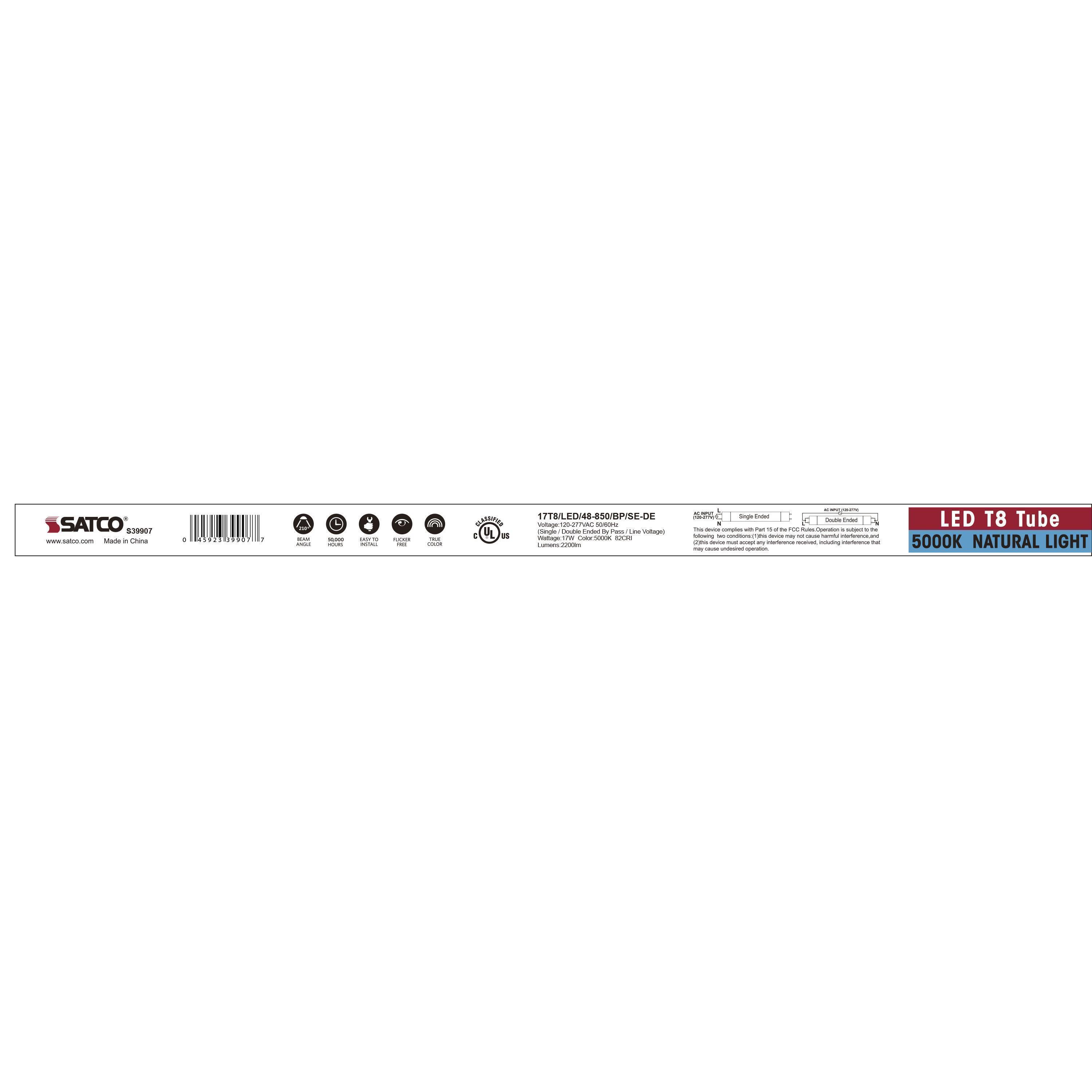 S39907 SATCO 17 WATT T8 LED 4FT 5000K MEDIUM BI PIN BASE 50000 AVERAGE RATED HOURS 2200 LUMENS TYPE B BALLAST BYPASS SINGLE OR DOUBLE ENDED WIRING