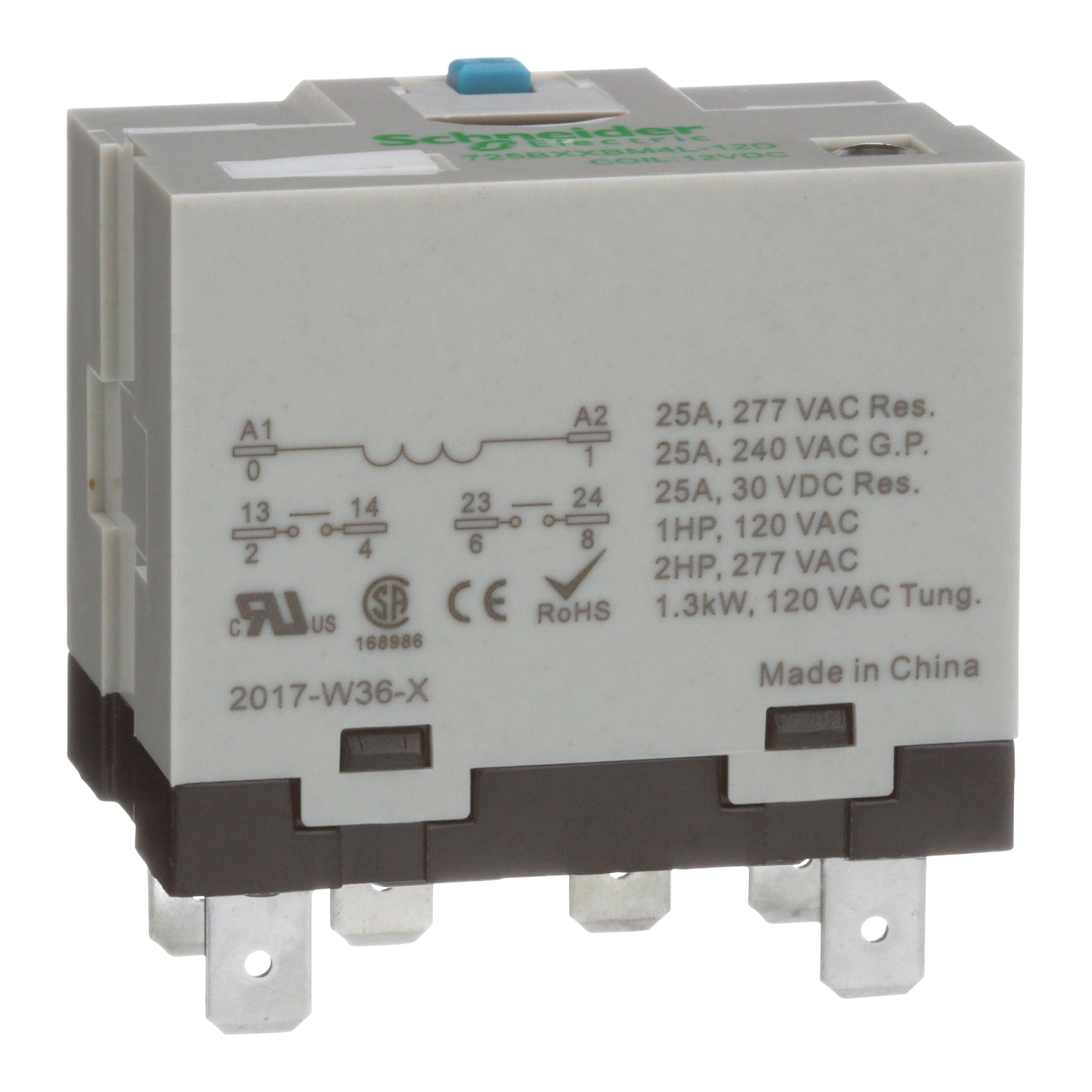 725BXXBM4L-12D SQD POWER RELAY, SE RELAYS, 25A, 2NO, 12VDC, LED, FLAG INDICATOR, LOCKING PUSH BUTTON, BLADE TERMINAL, PLUG-IN SOCKET MOUNT