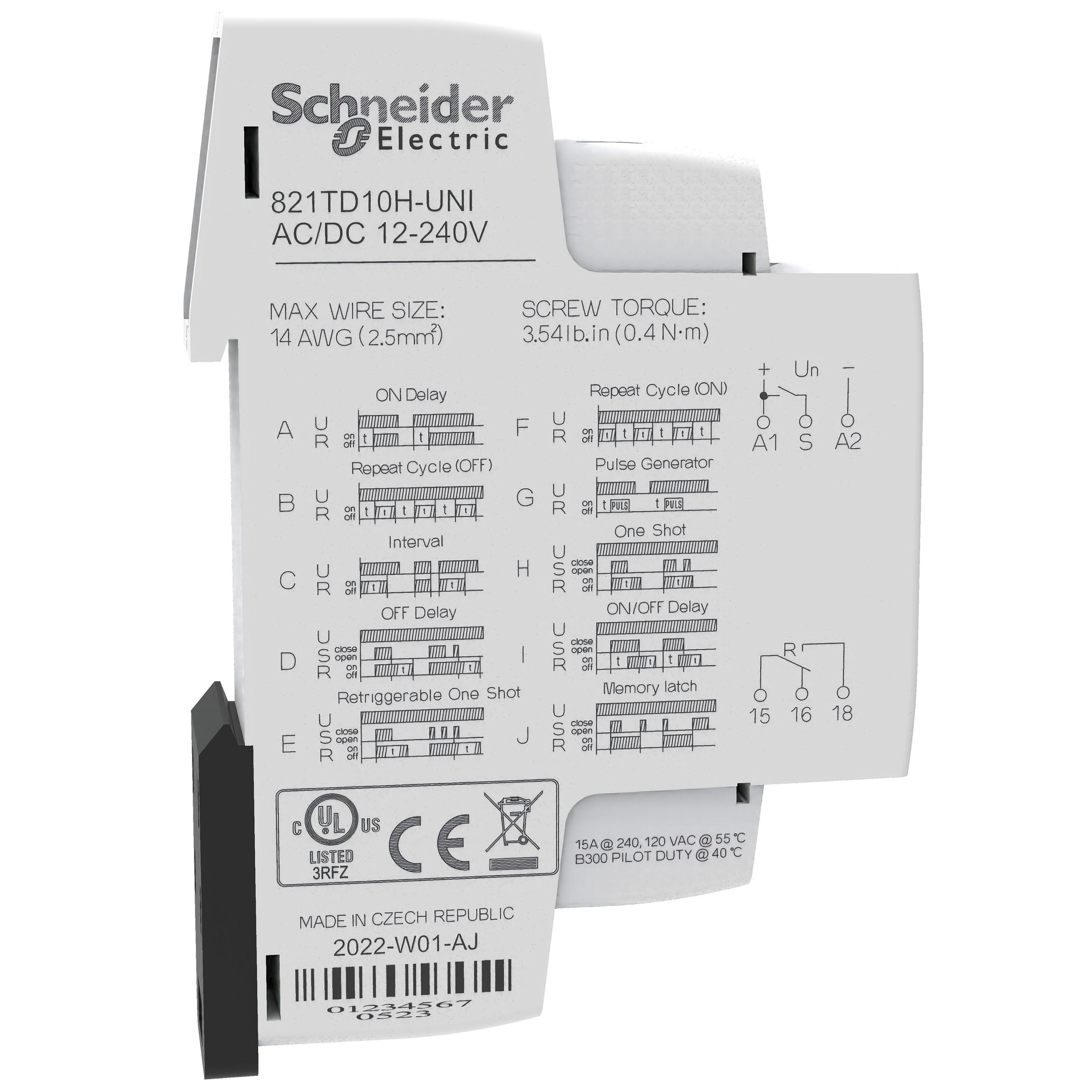 821TD10H-UNI MAGNECRAFT RE E-MECH; TIMING; SINGLE SHOT; SPDT; CUR-RTG 15A; CTRL-V 12-240AC/DC; DIN RAIL MNT 850-0333