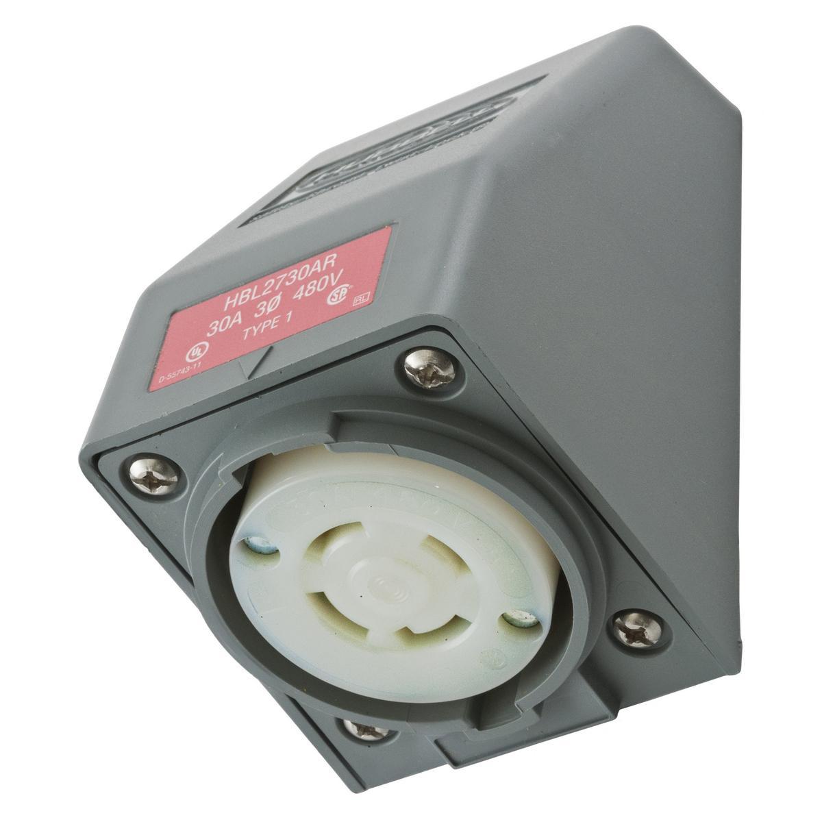 HBL2730AR HUB 3P 4W 3PH 480V 30A ANGLED SHROUDED RECPT..