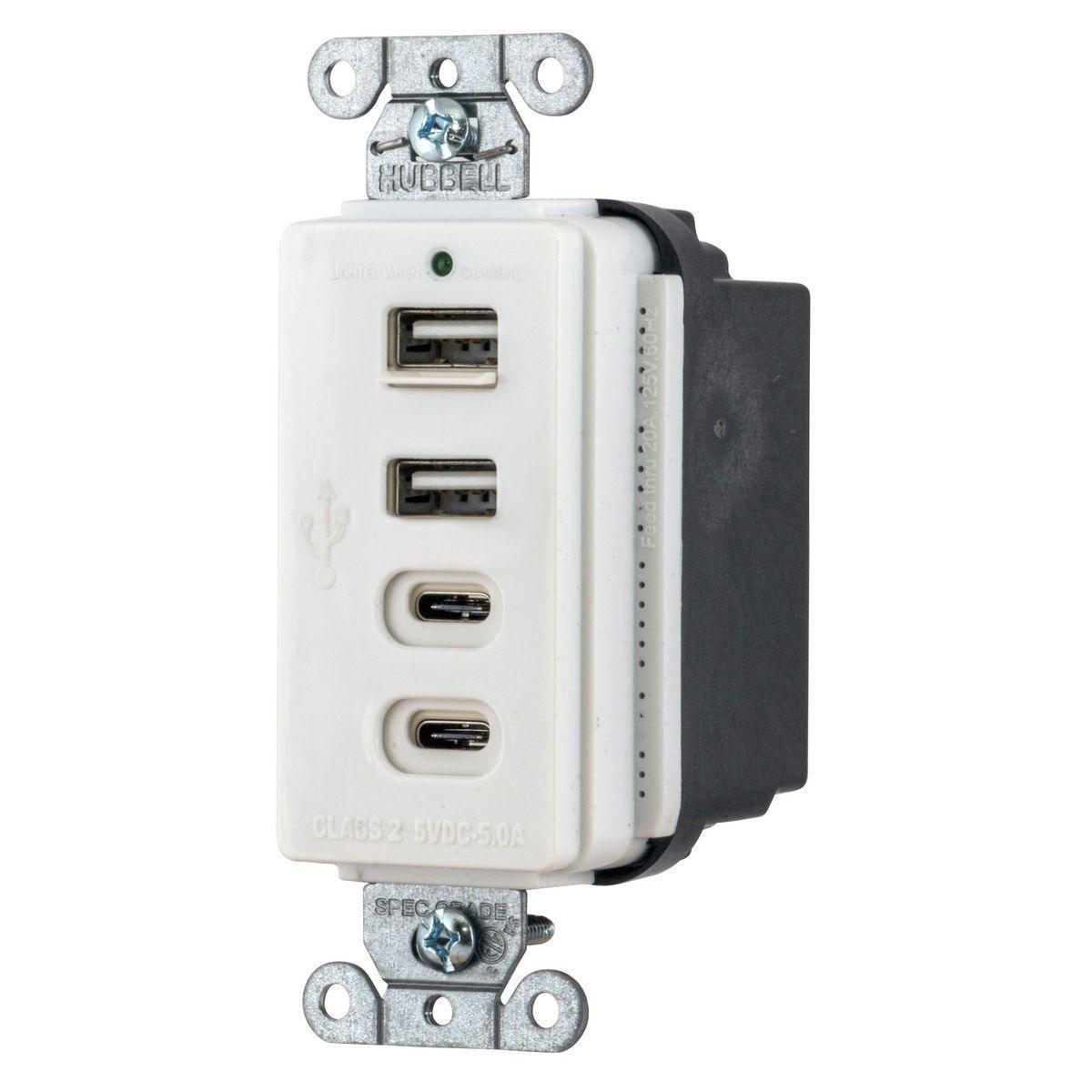 USB4ACW HUBBELL USB CHRGR 4 PORT 5AMP 5 TYPE AC, WHITE