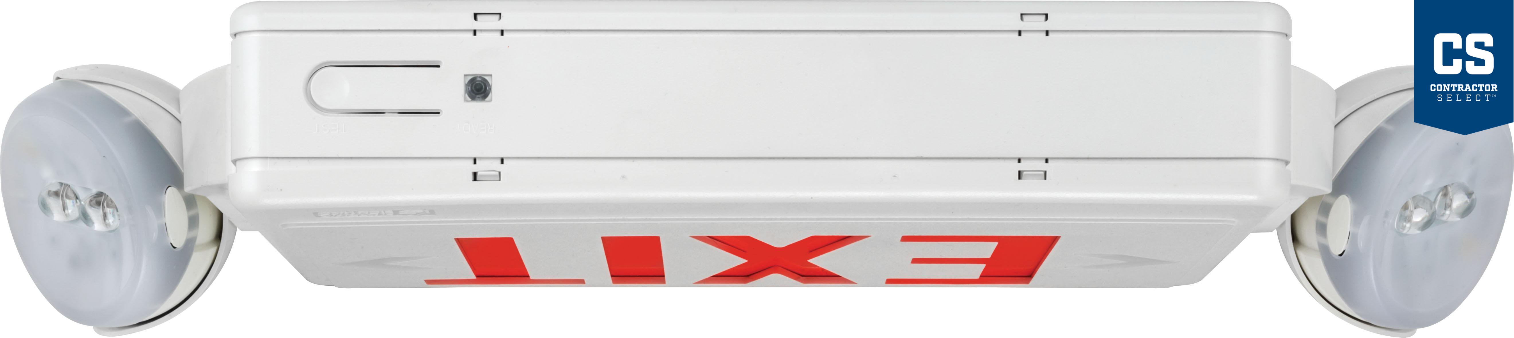 LHQM-LED-R-M6 LITHONIA WHITE THERMOPLASTIC, LED EXIT/ ADJUSTABLE LED 2 HEADED UNIT COMBO, SINGLE STENCIL FACE, WITH EXTRA FACE PLATE, RED LETTERS, NI-CAD BATTERY, DAMP LOCATION (CI# 186HU9)
