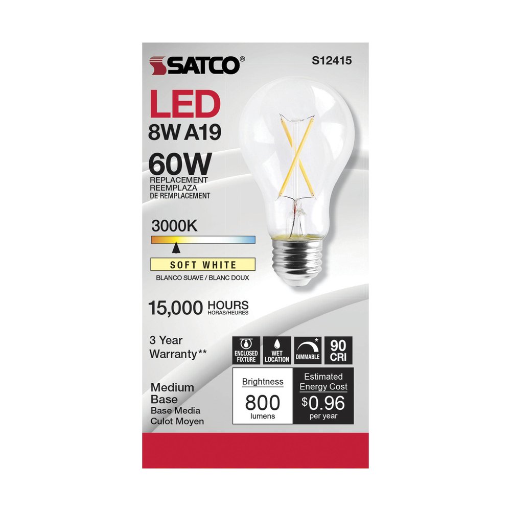 S12415 SATCO 8 WATT LED A19 CLEAR